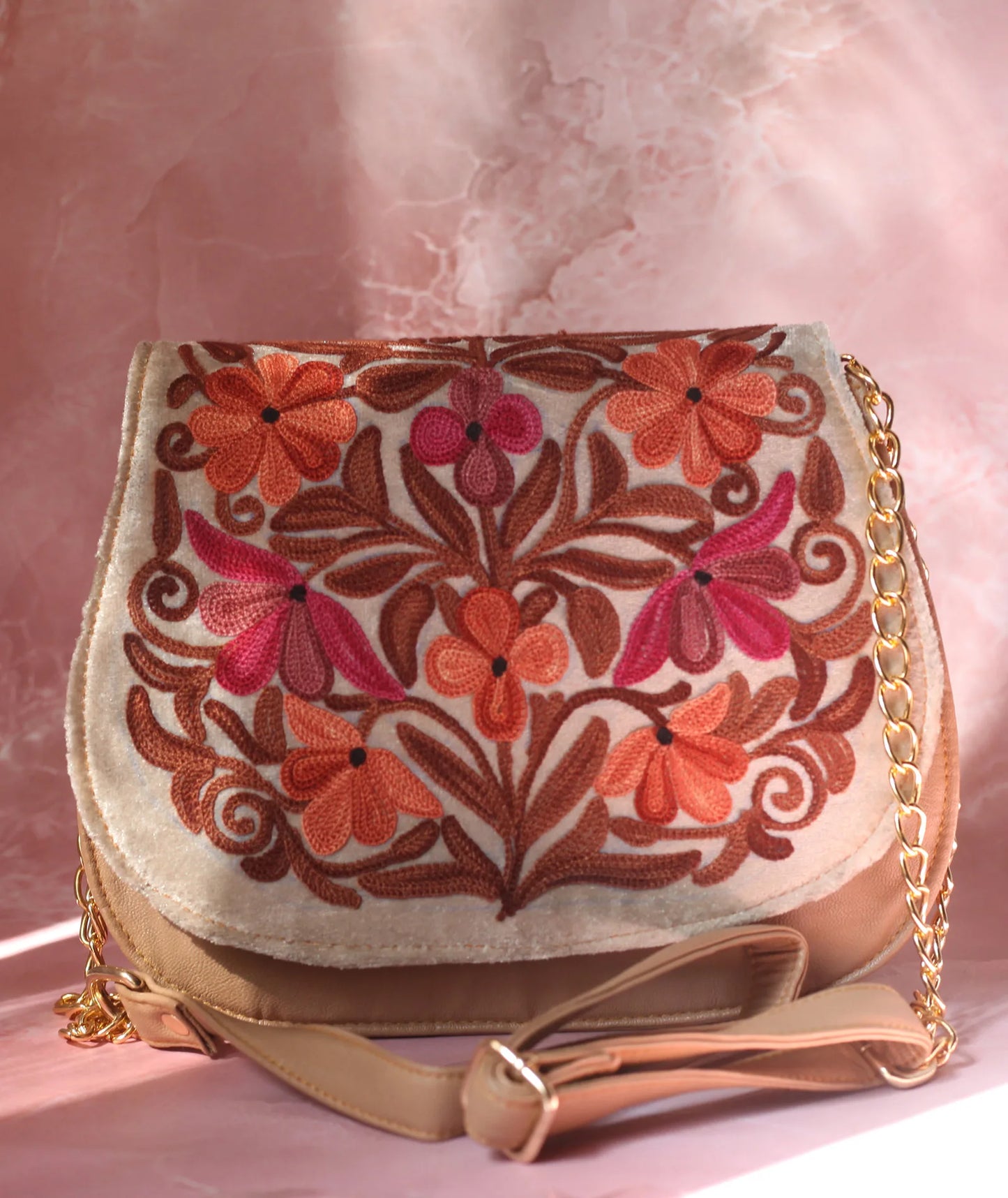 Beige Aari Embroidered Full Flap Sling Bag