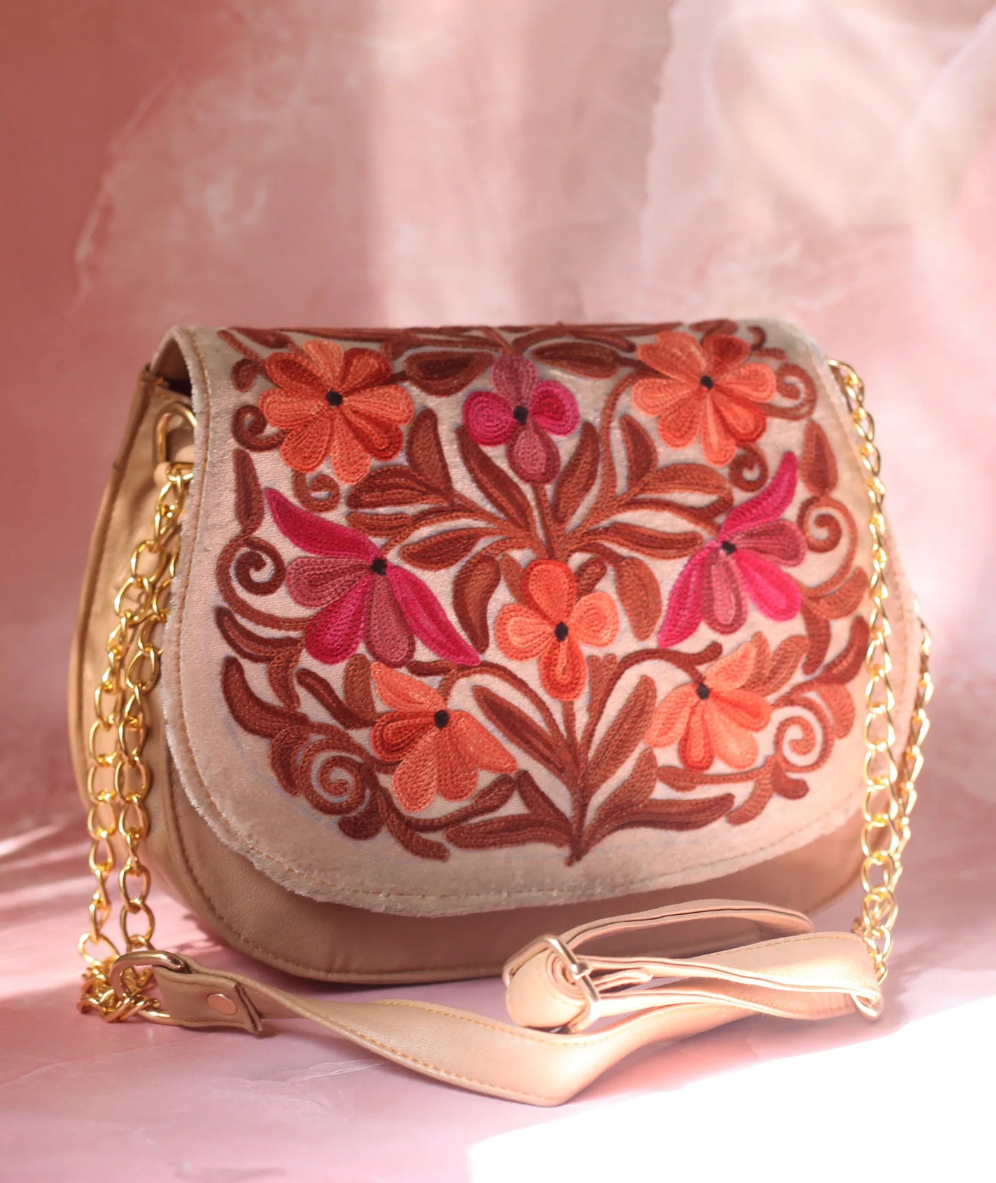 Beige Aari Embroidered Full Flap Sling Bag