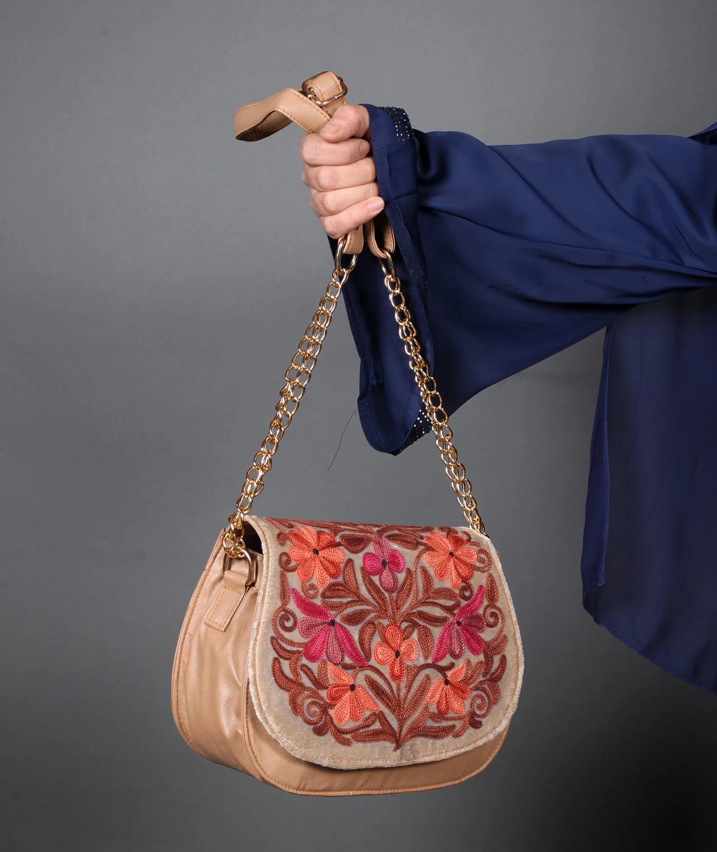 Beige Aari Embroidered Full Flap Sling Bag