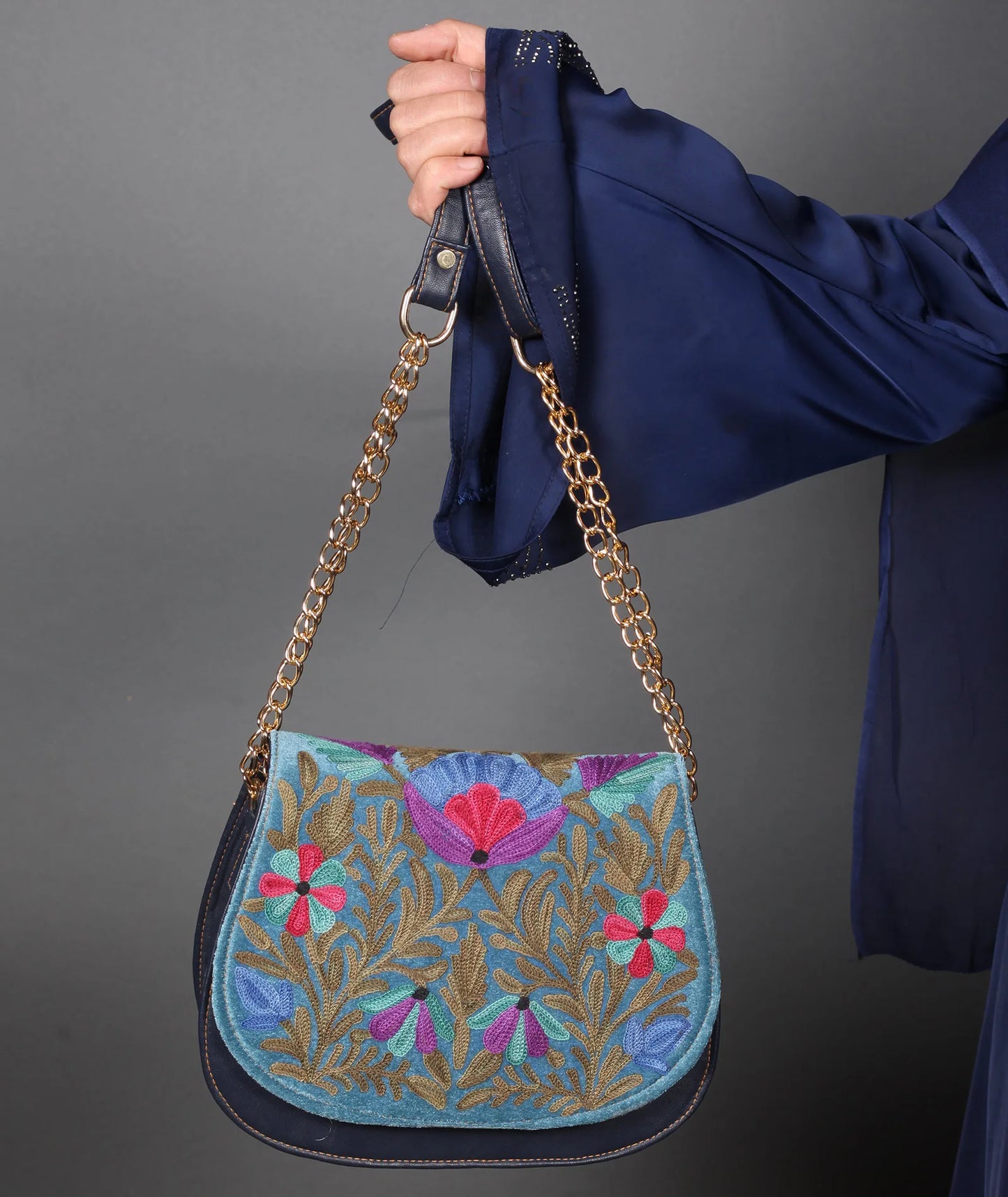 Navy Blue Aari Embroidered Full Flap Sling Bag