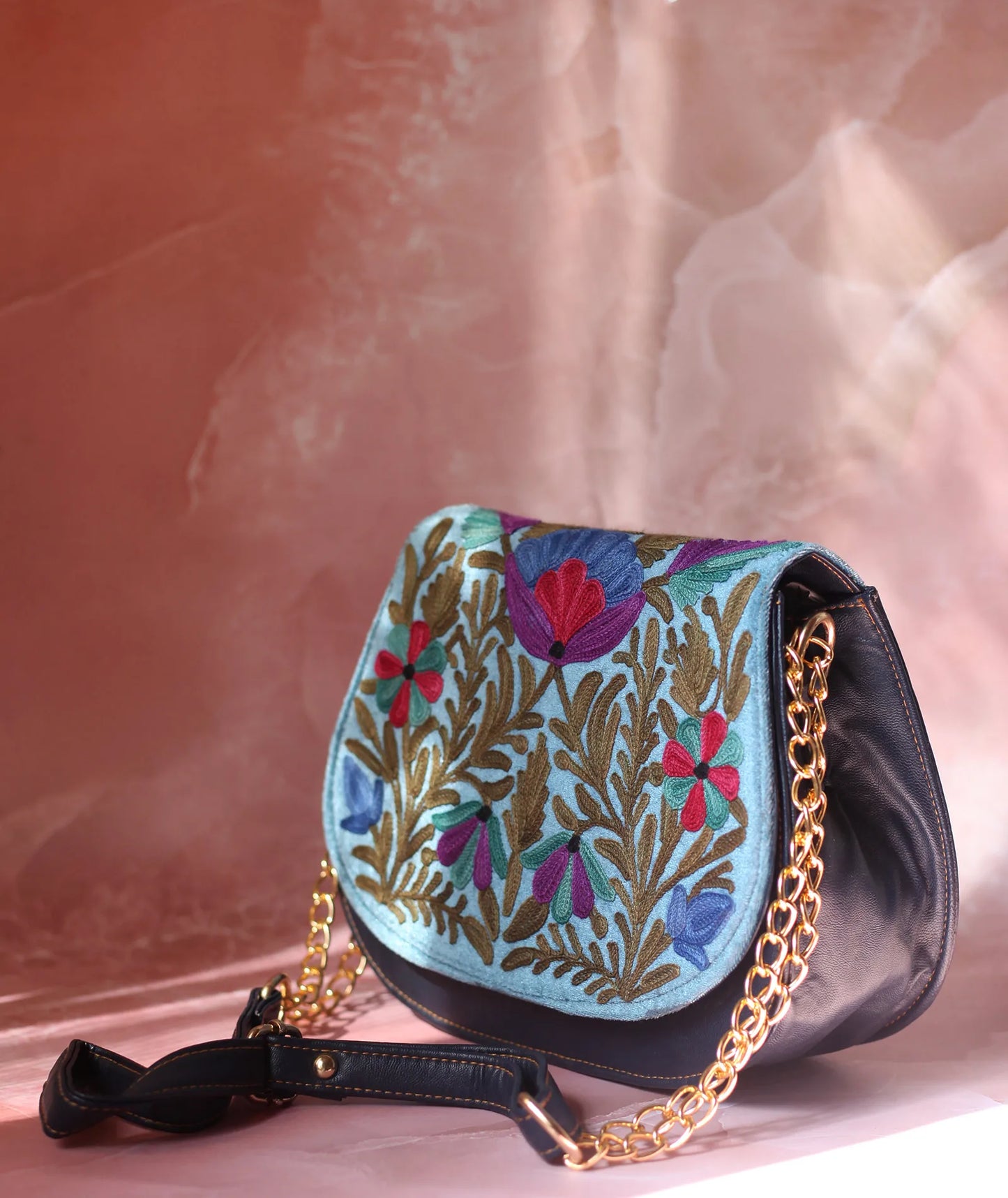 Navy Blue Aari Embroidered Full Flap Sling Bag