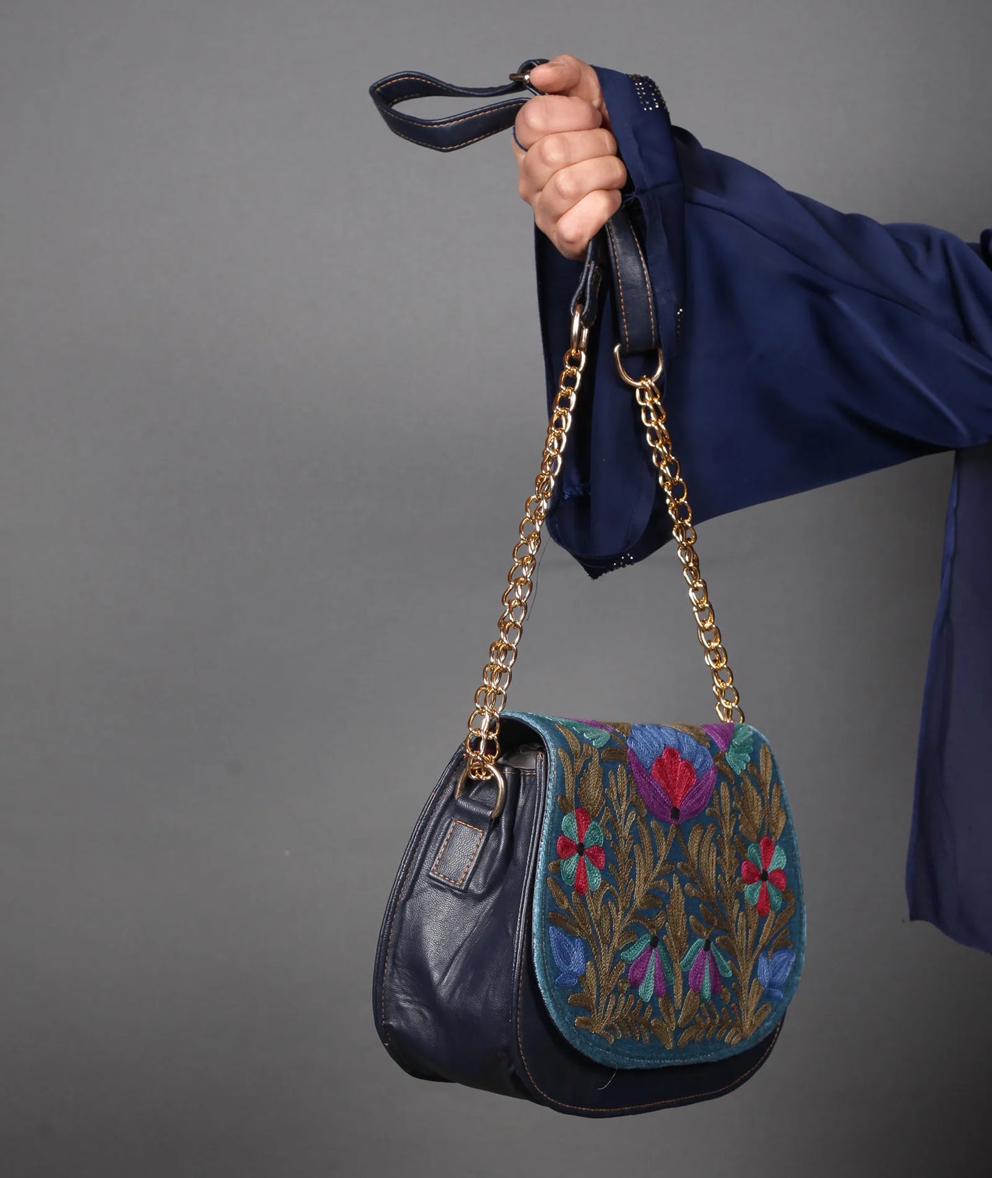 Navy Blue Aari Embroidered Full Flap Sling Bag