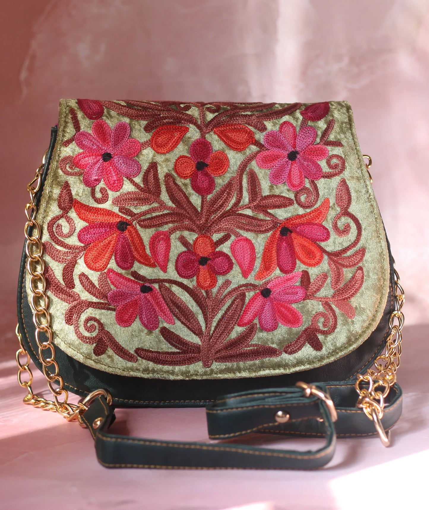 Olive Aari Embroidered Full Flap Sling Bag