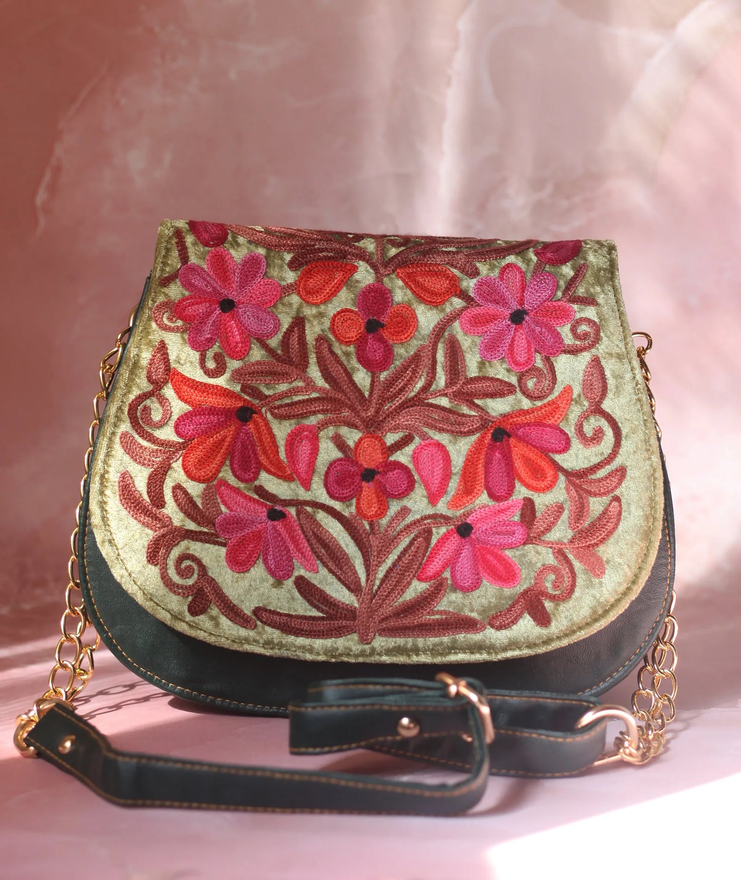 Olive Aari Embroidered Full Flap Sling Bag