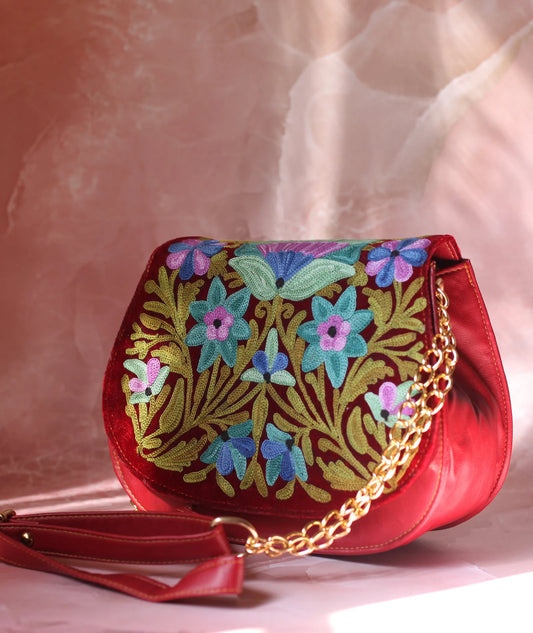 Maroon Aari Embroidered Full Flap Sling Bag