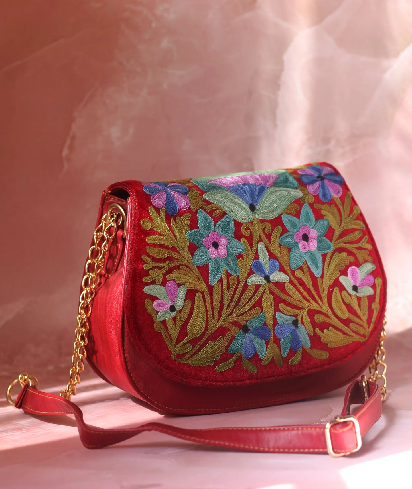 Maroon Aari Embroidered Full Flap Sling Bag