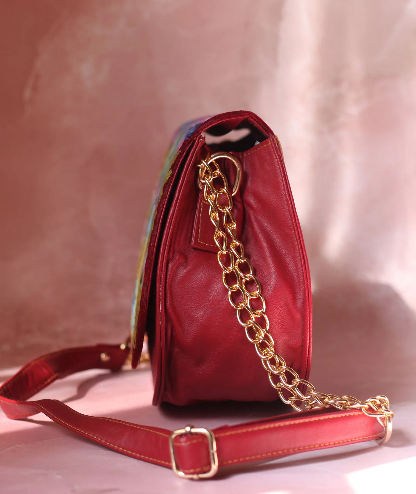 Maroon Aari Embroidered Full Flap Sling Bag