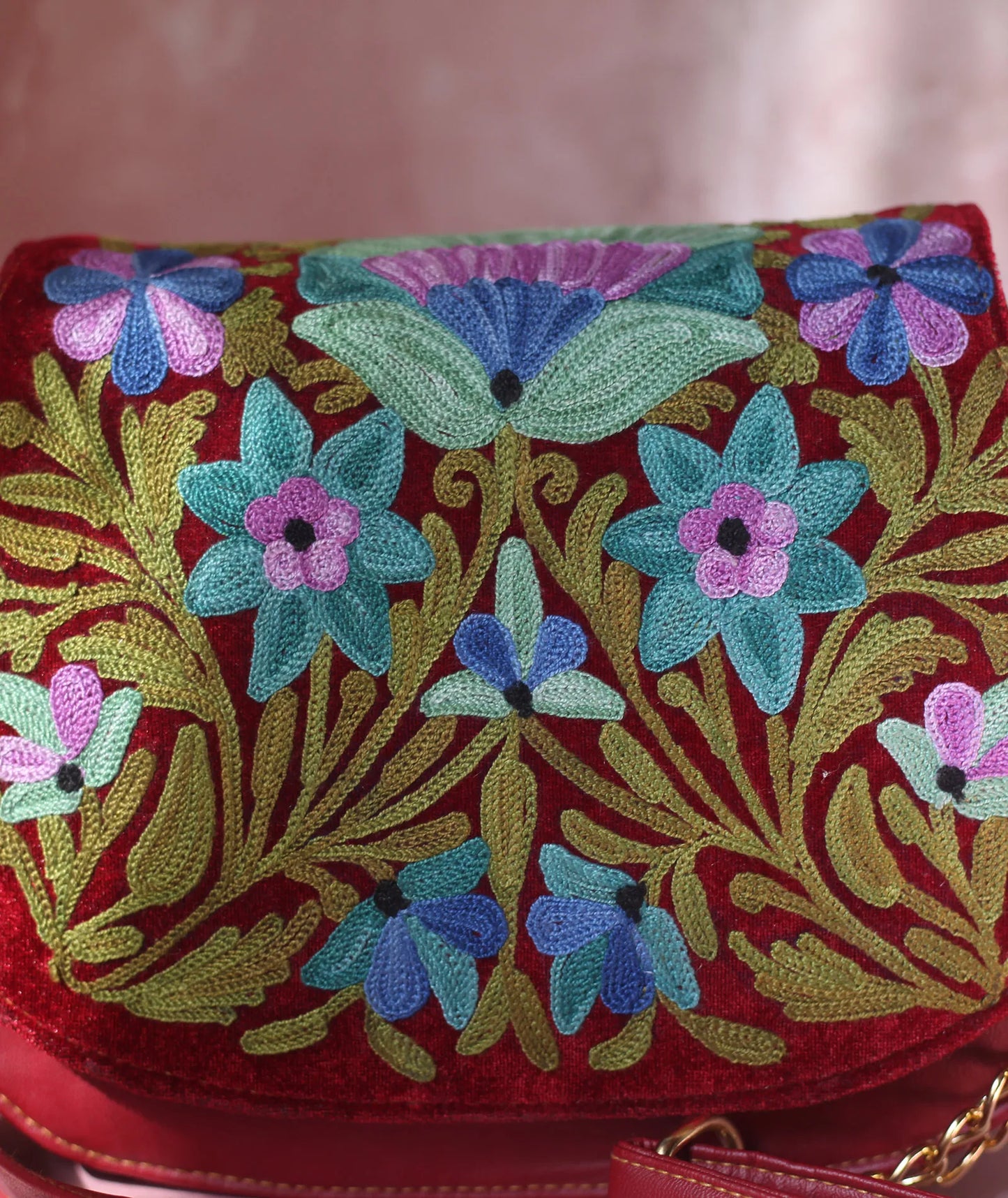 Maroon Aari Embroidered Full Flap Sling Bag