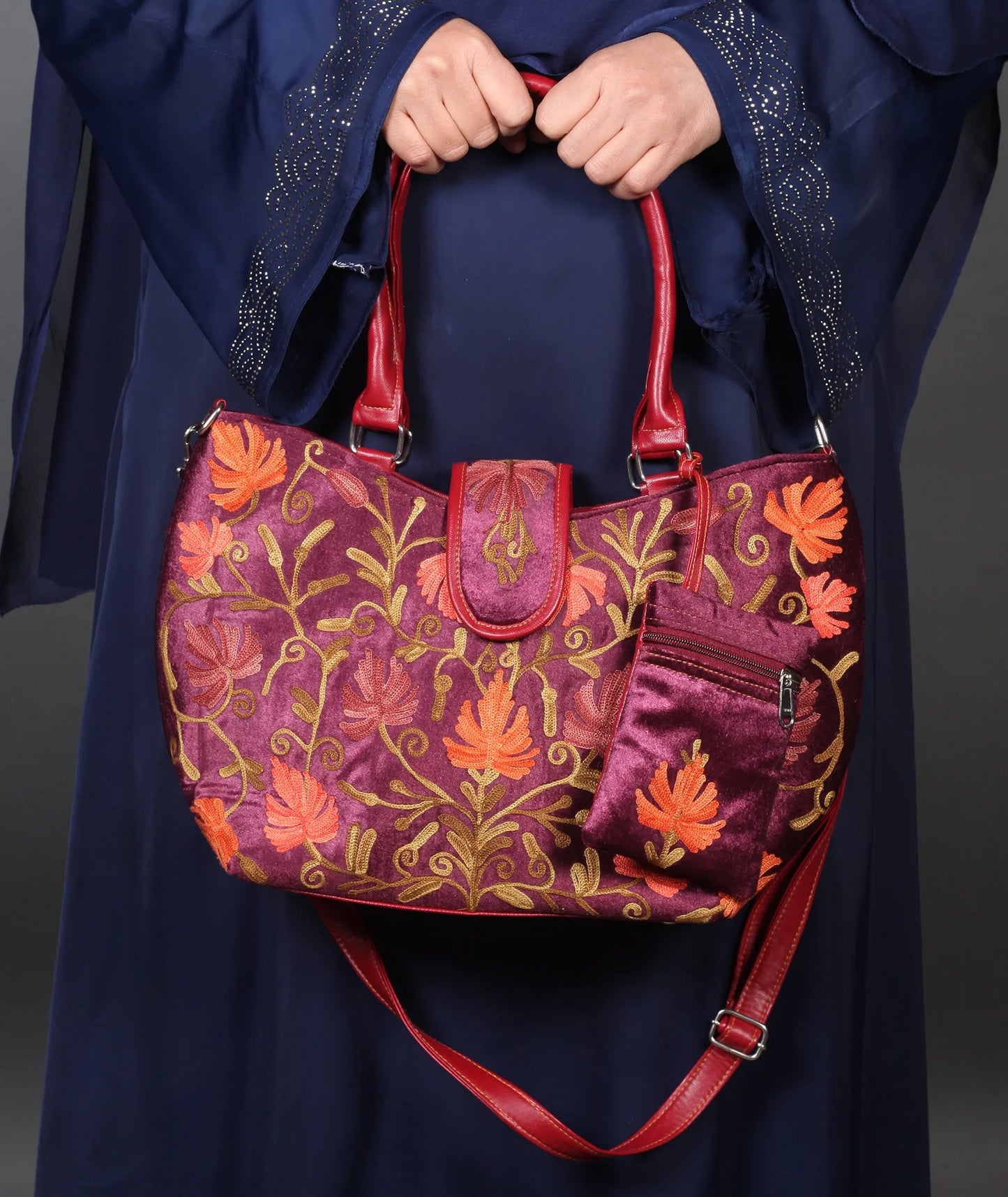 Velvet Maroon Embroidered Hand Bag | Double Zip | With Free Pouch