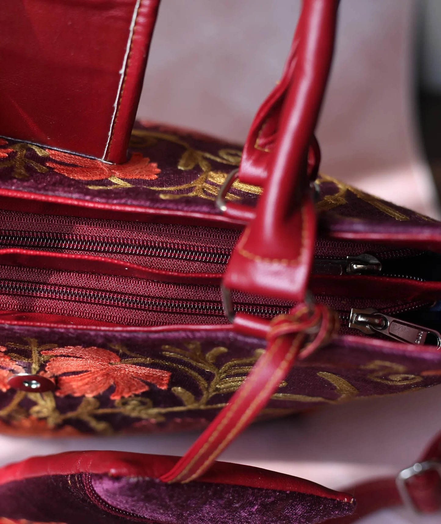 Velvet Maroon Embroidered Hand Bag | Double Zip | With Free Pouch