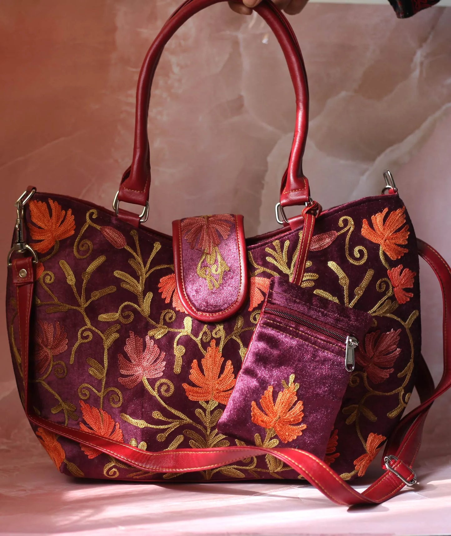 Velvet Maroon Embroidered Hand Bag | Double Zip | With Free Pouch