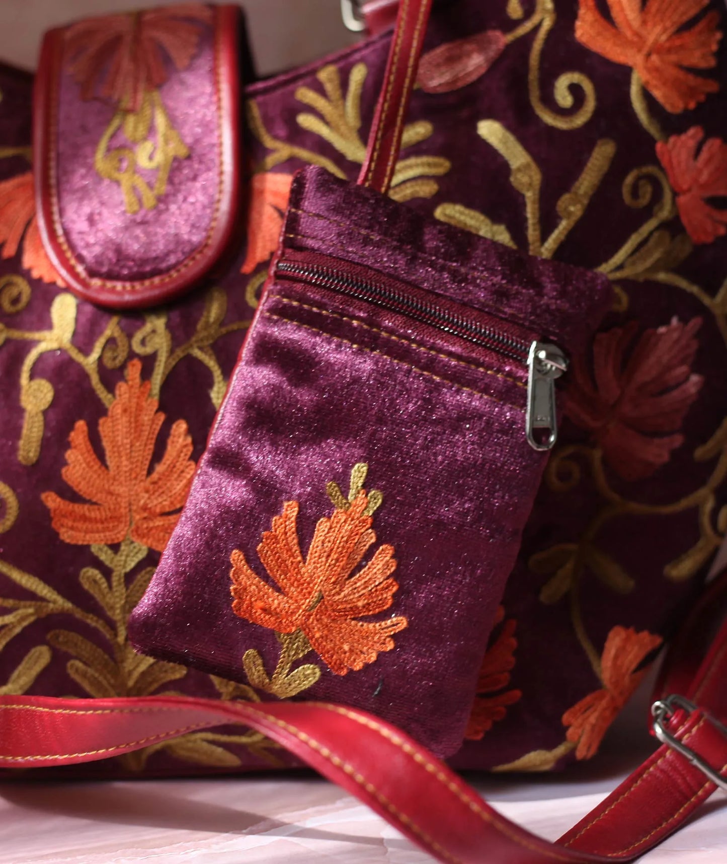 Velvet Maroon Embroidered Hand Bag | Double Zip | With Free Pouch