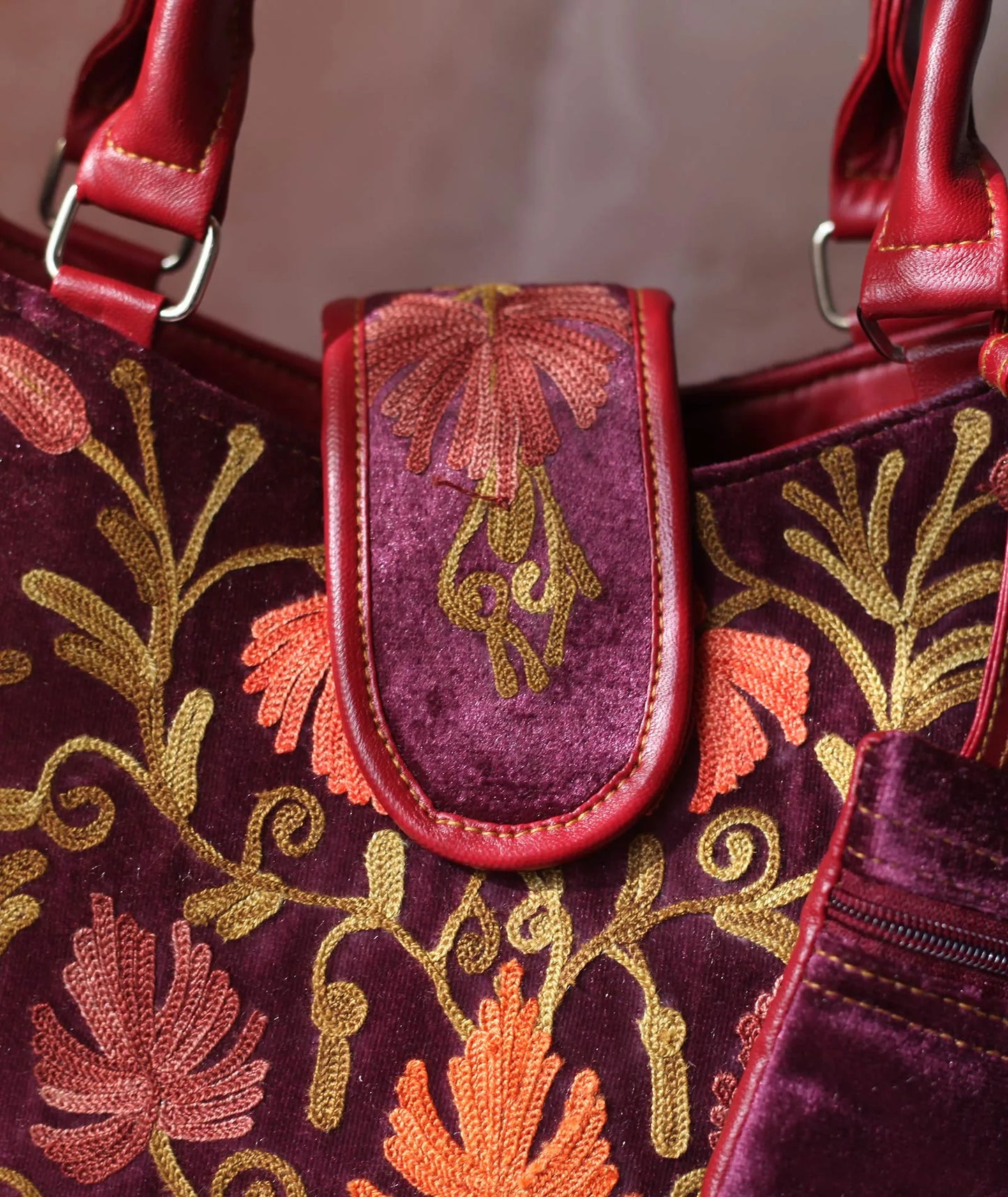 Velvet Maroon Embroidered Hand Bag | Double Zip | With Free Pouch