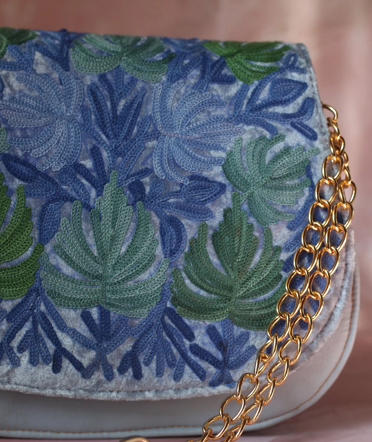 Sky Blue Aari Chinar Design Embroidered Full Flap Sling Bag