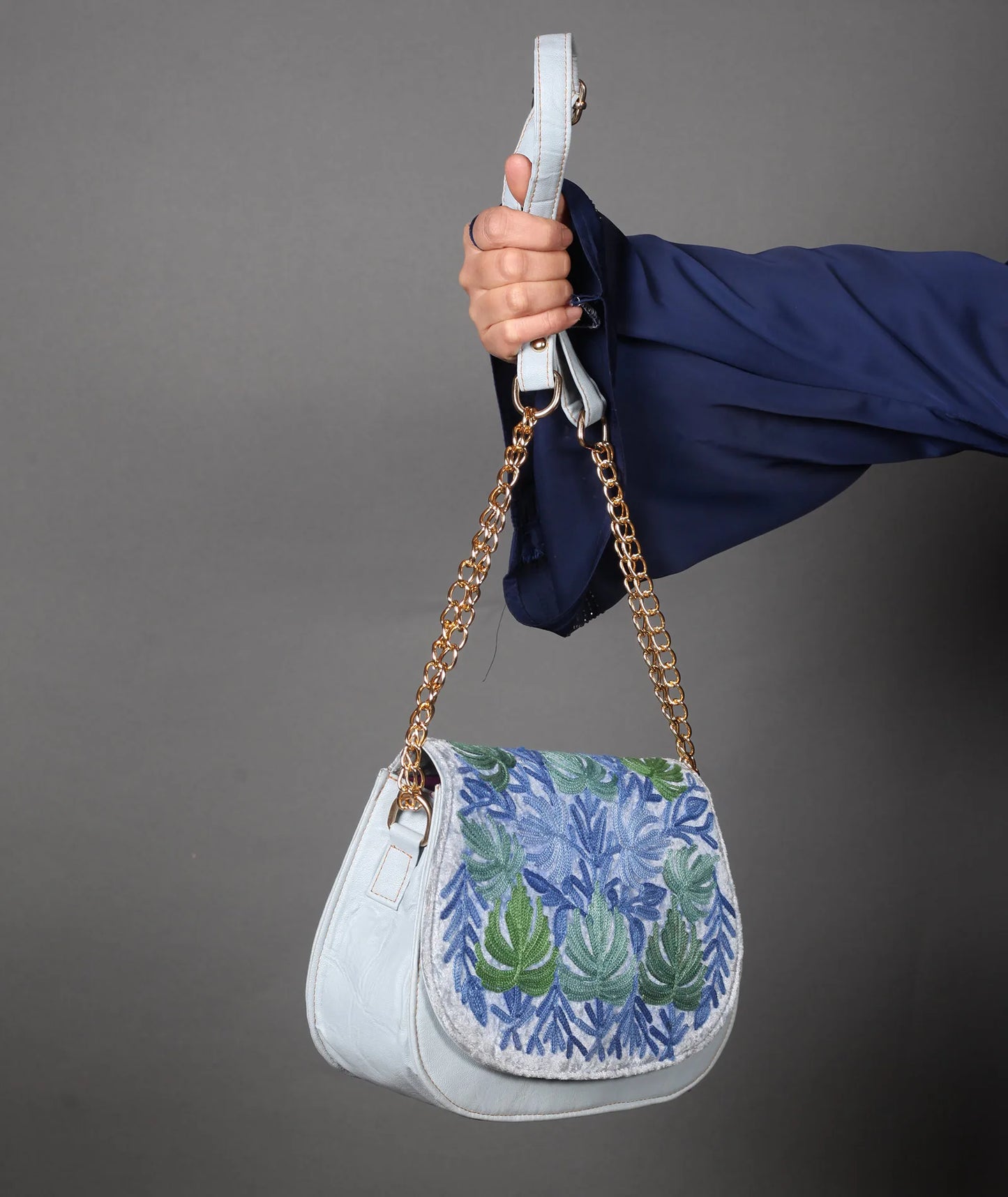 Sky Blue Aari Chinar Design Embroidered Full Flap Sling Bag