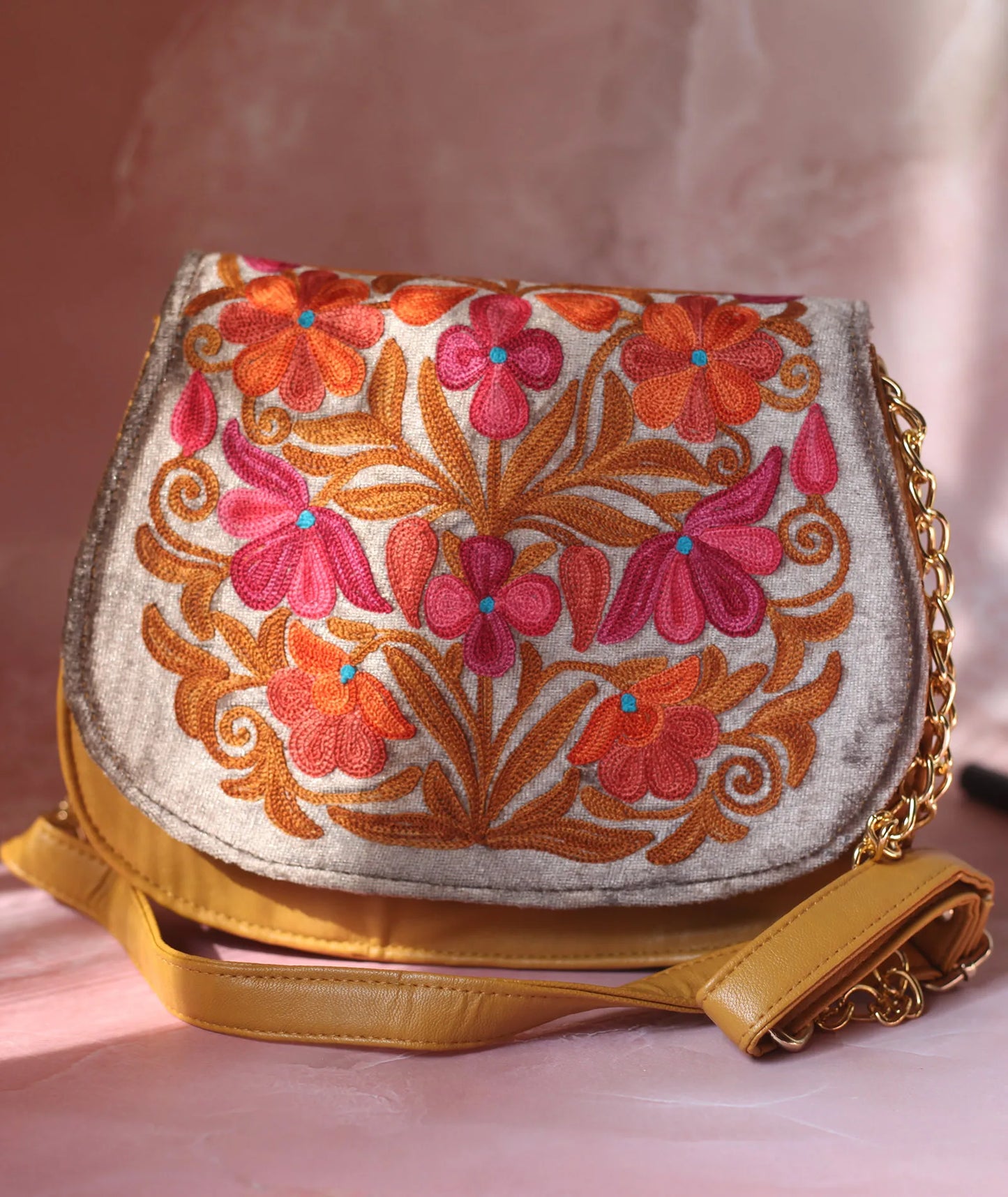 Yellow and Silver Chinar Aari Embroidered Full Flap Sling Bag