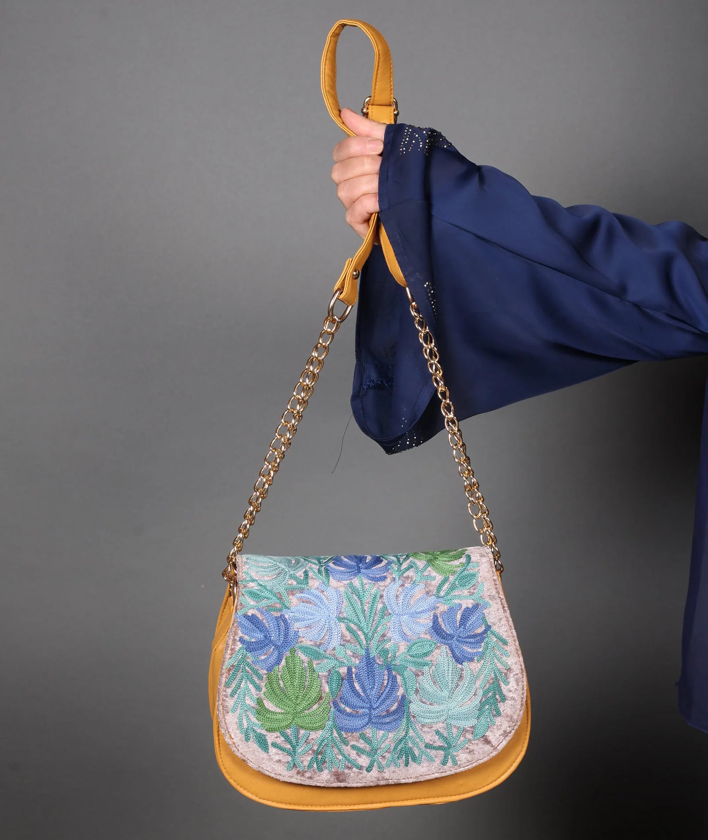 Yellow and Silver Chinar Aari Embroidered Full Flap Sling Bag