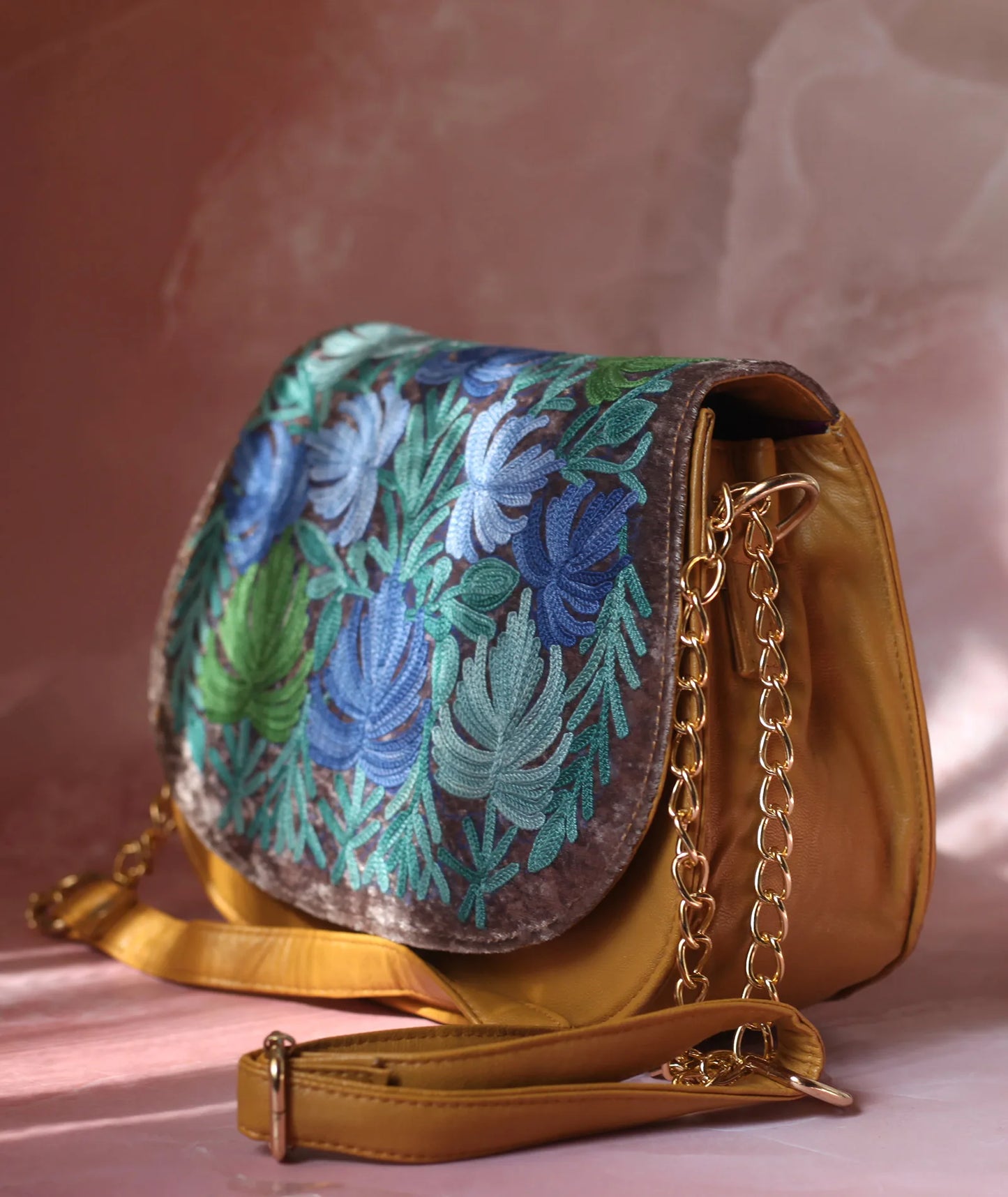 Yellow and Silver Chinar Aari Embroidered Full Flap Sling Bag