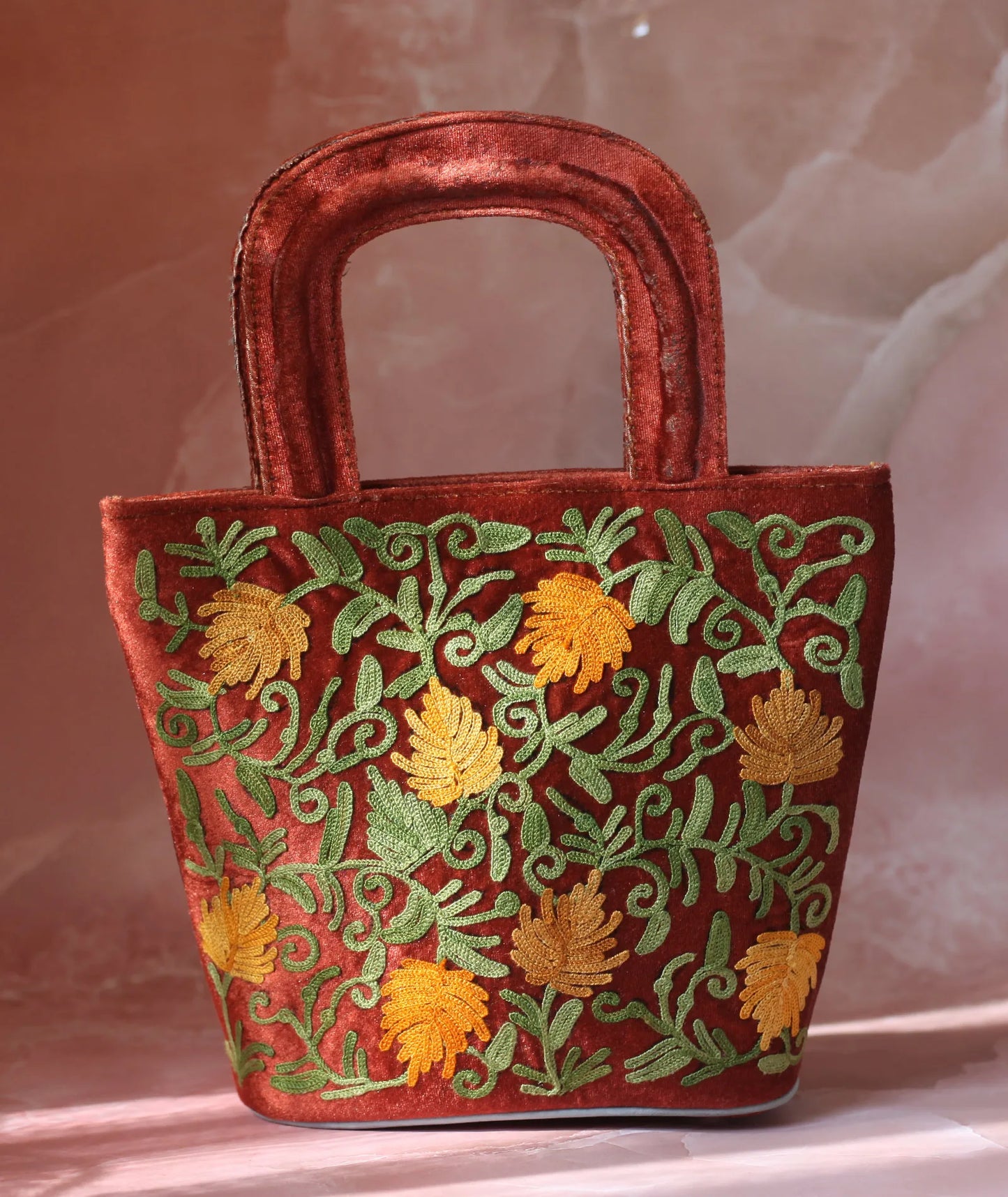 Rust Velvet Aari Embroidered Small Hand Bag