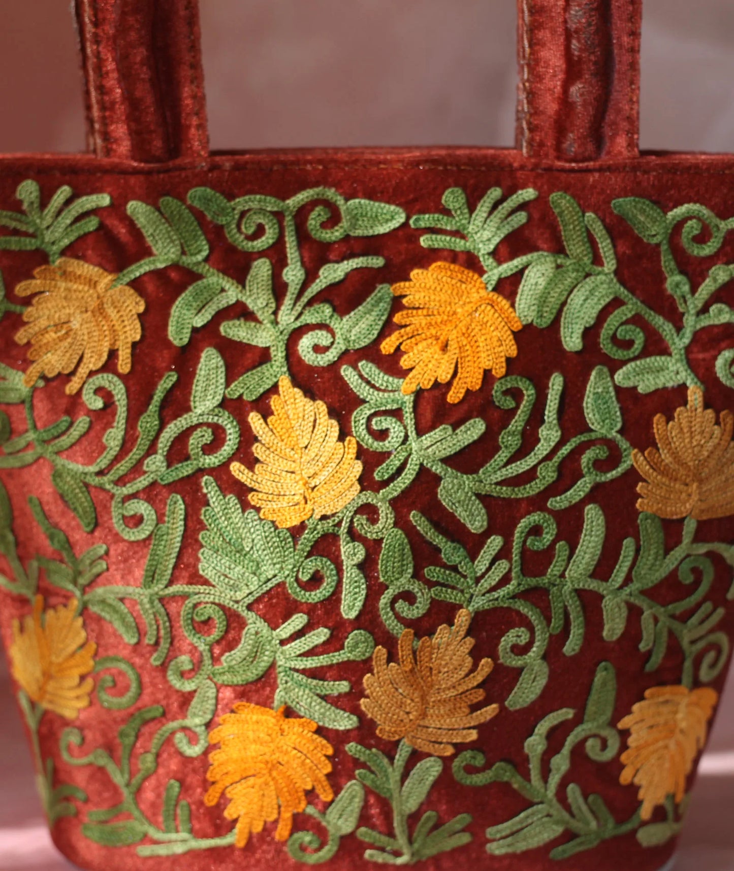 Rust Velvet Aari Embroidered Small Hand Bag