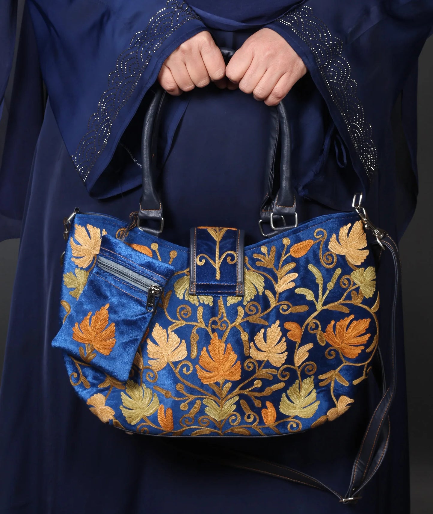 Blue Velvet Embroidered Hand Bag | Double Zip | With Free Pouch