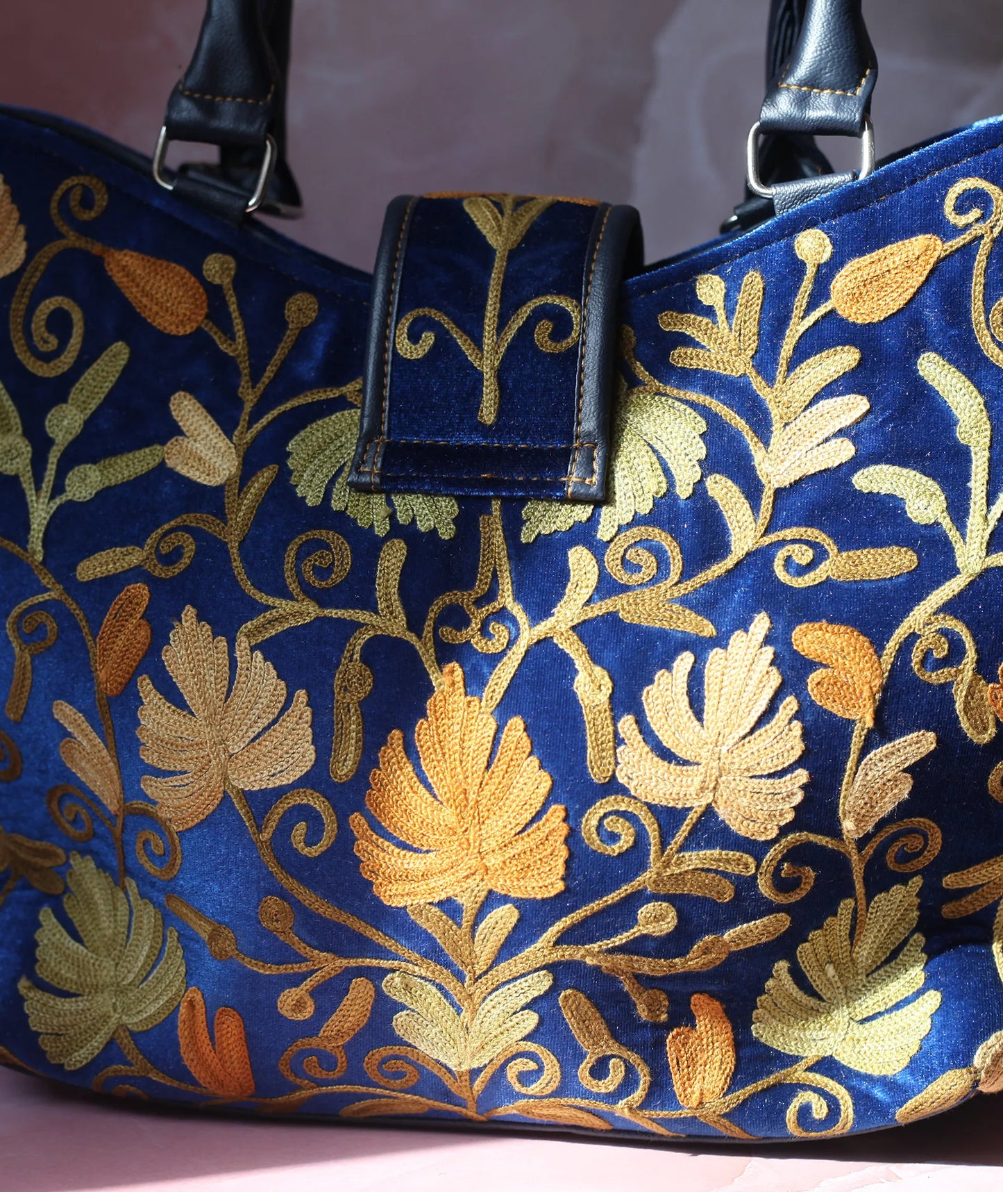 Blue Velvet Embroidered Hand Bag | Double Zip | With Free Pouch