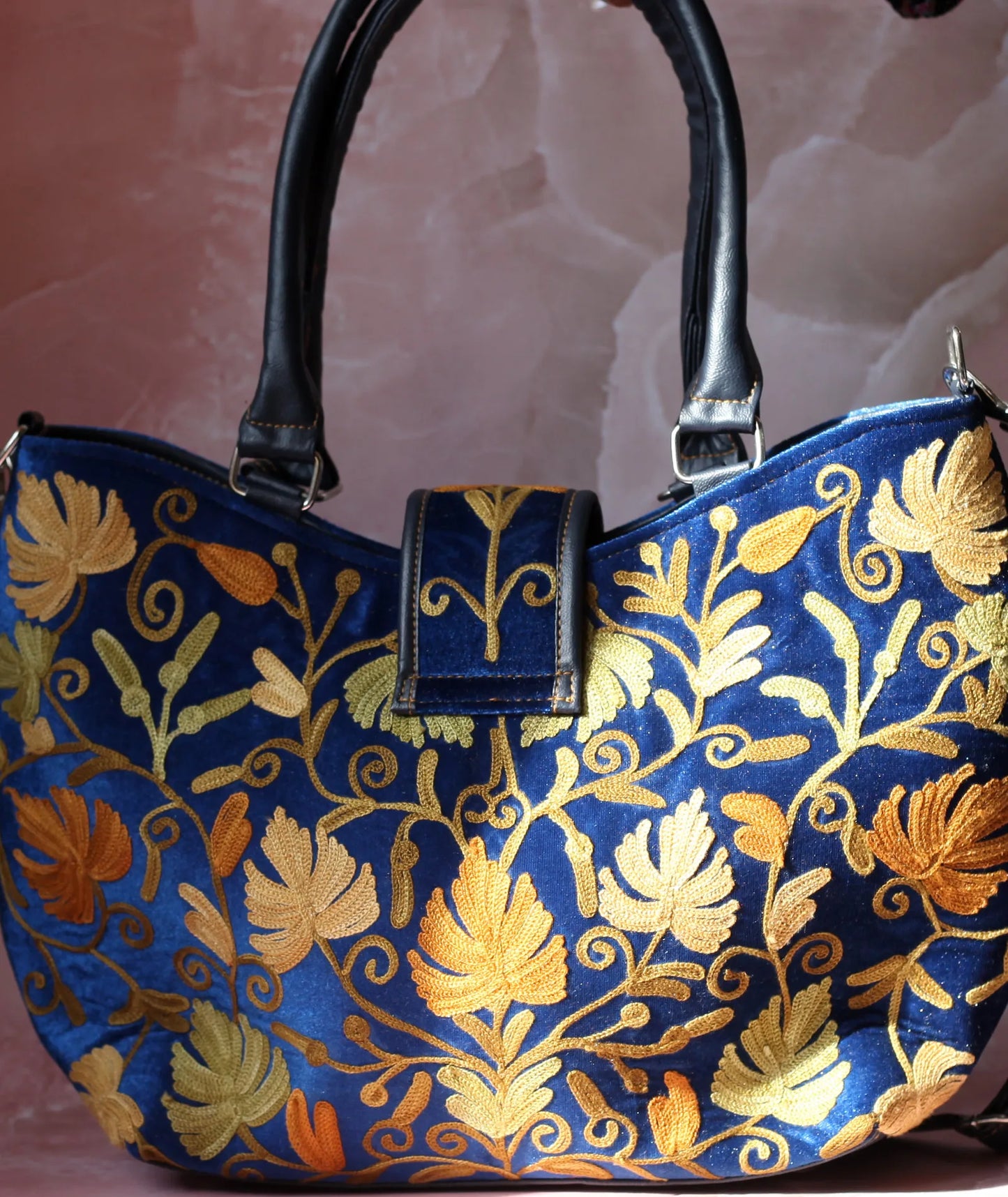 Blue Velvet Embroidered Hand Bag | Double Zip | With Free Pouch