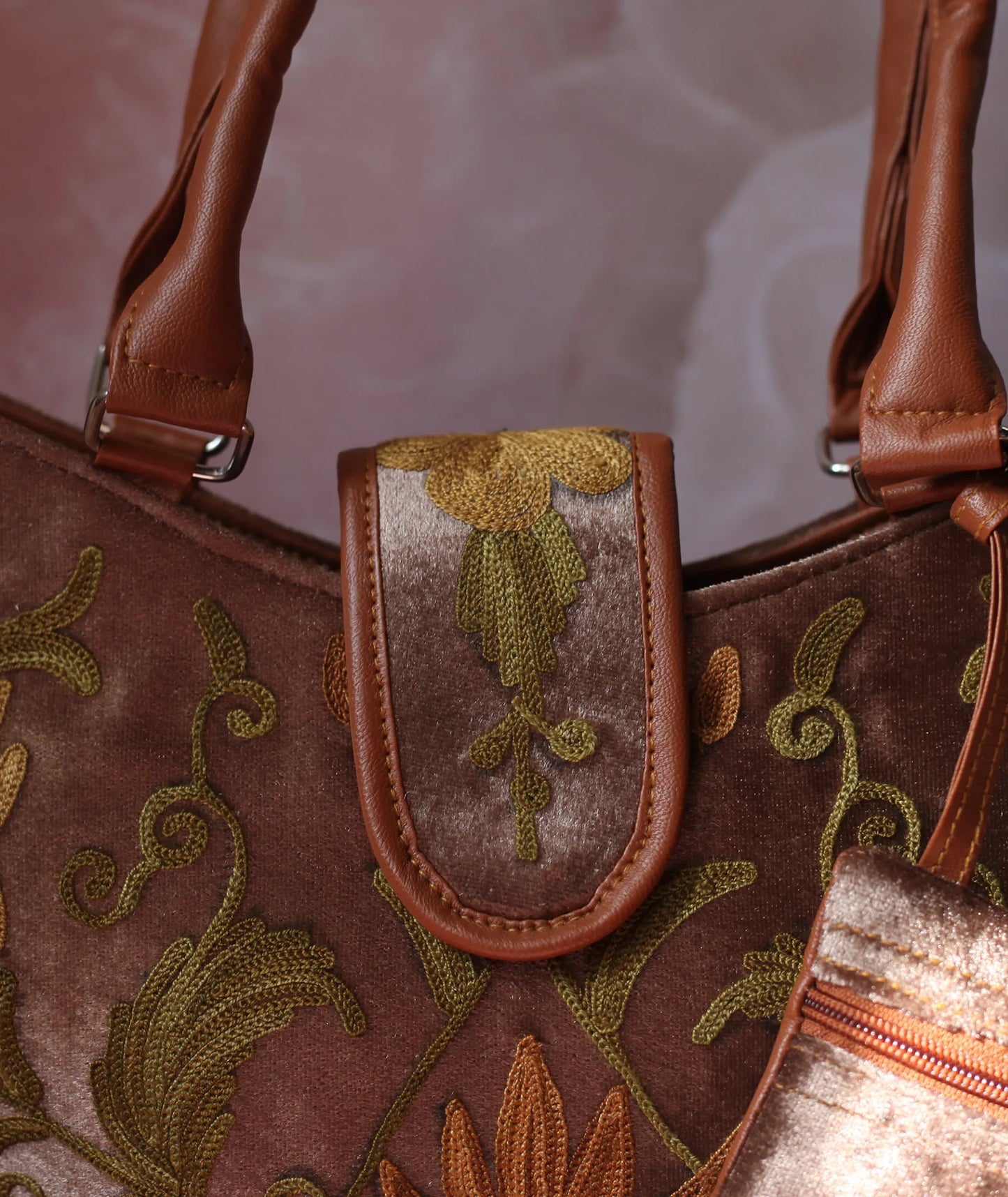 Natural Velvet Embroidered Hand Bag | Double Zip | With Free Pouch