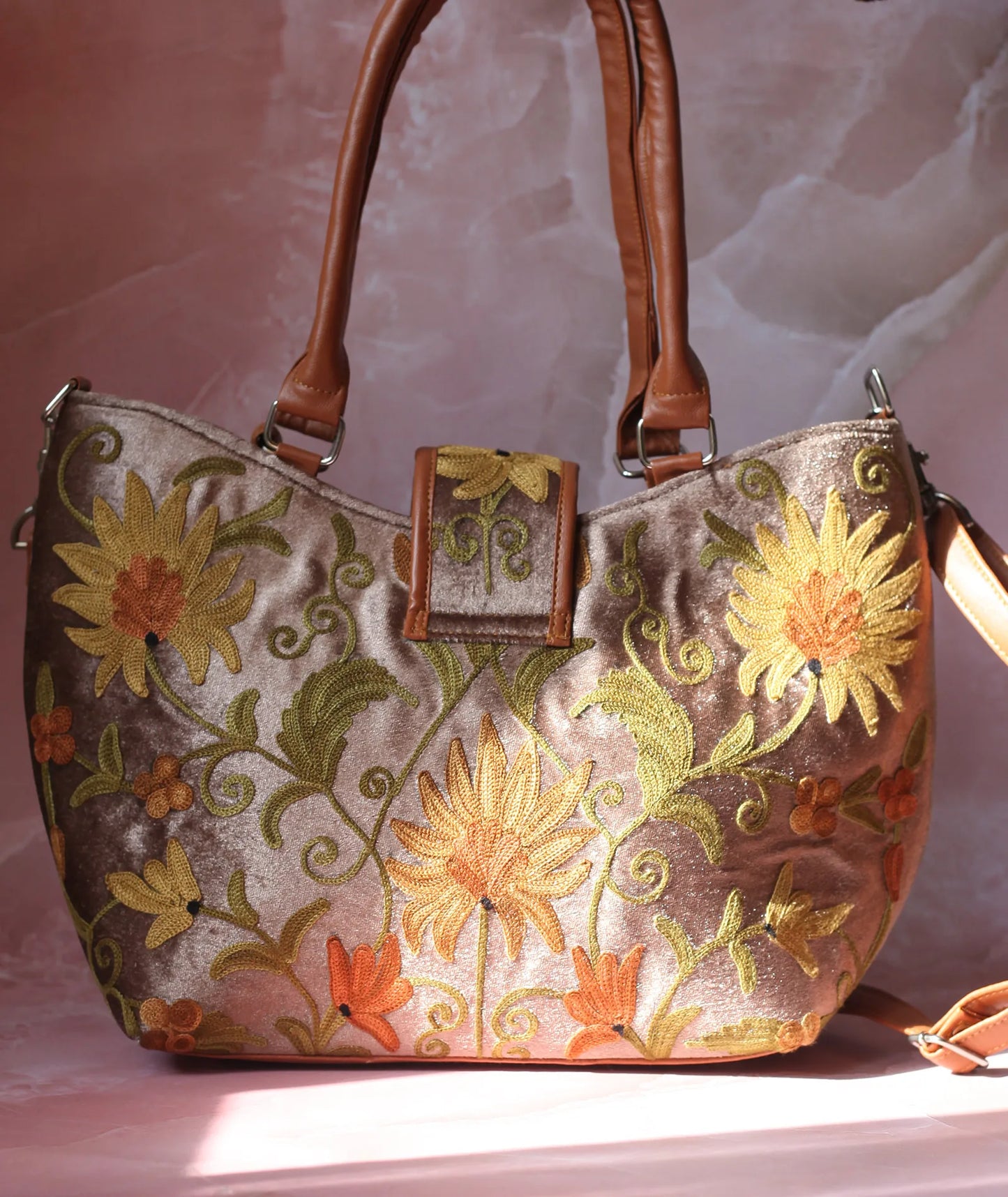 Natural Velvet Embroidered Hand Bag | Double Zip | With Free Pouch