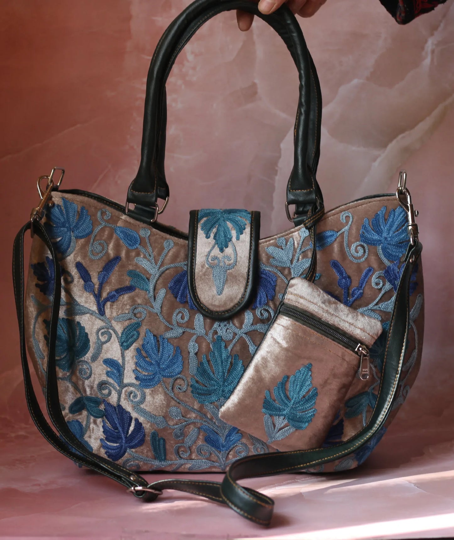 Grey Velvet Embroidered Hand Bag | Double Zip | With Free Pouch