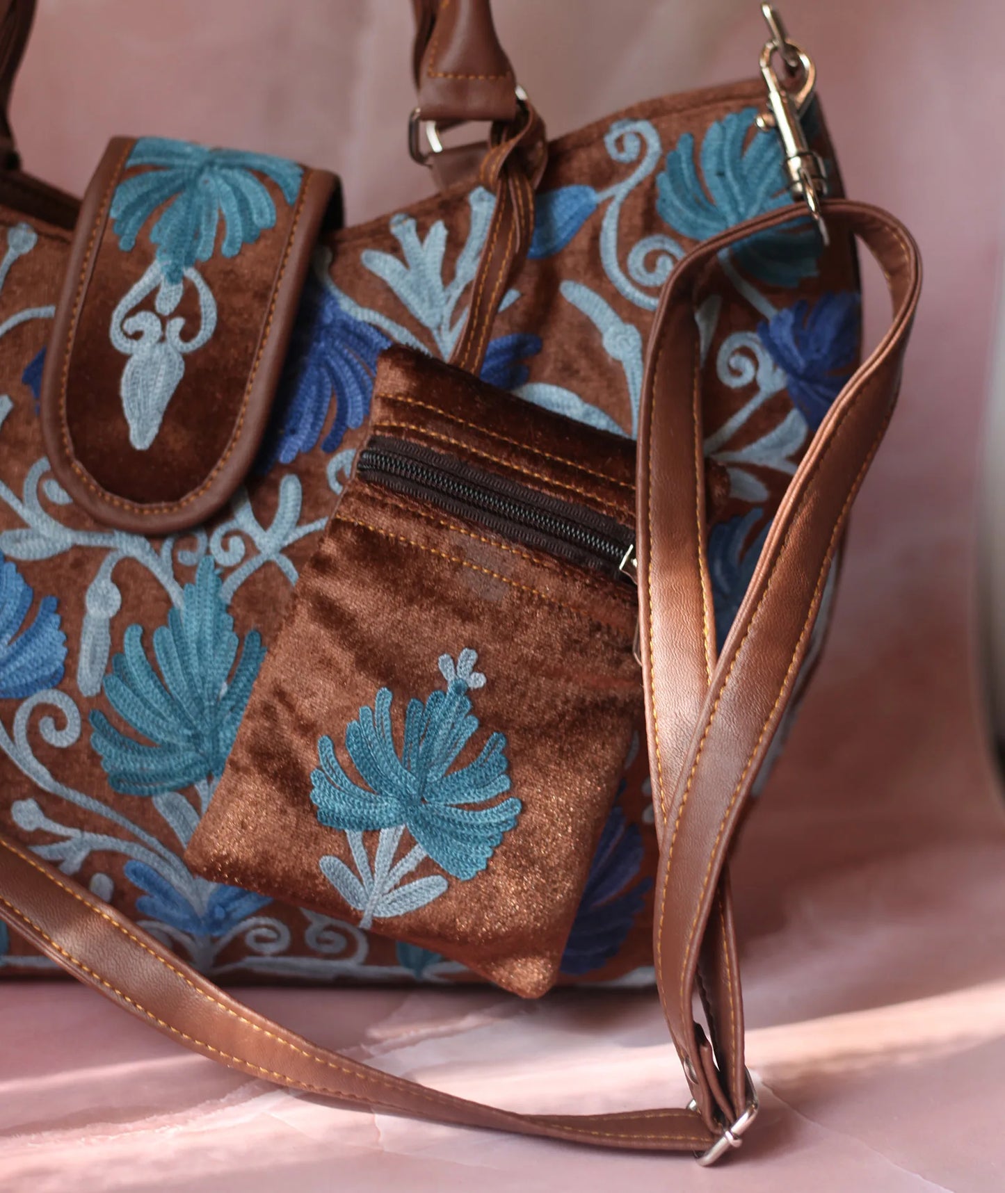 Brown Velvet Embroidered Hand Bag | Double Zip | With Free Pouch