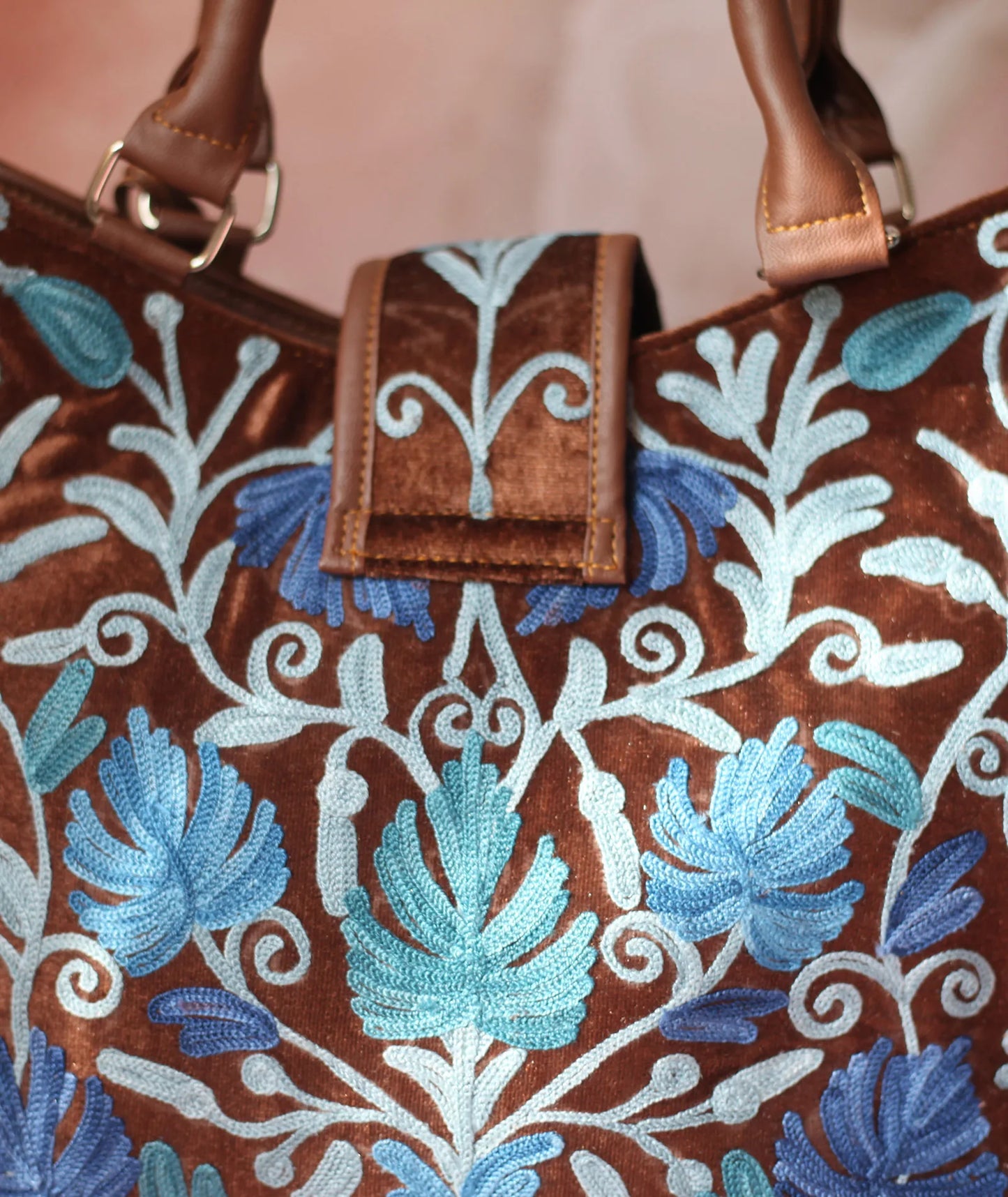 Brown Velvet Embroidered Hand Bag | Double Zip | With Free Pouch