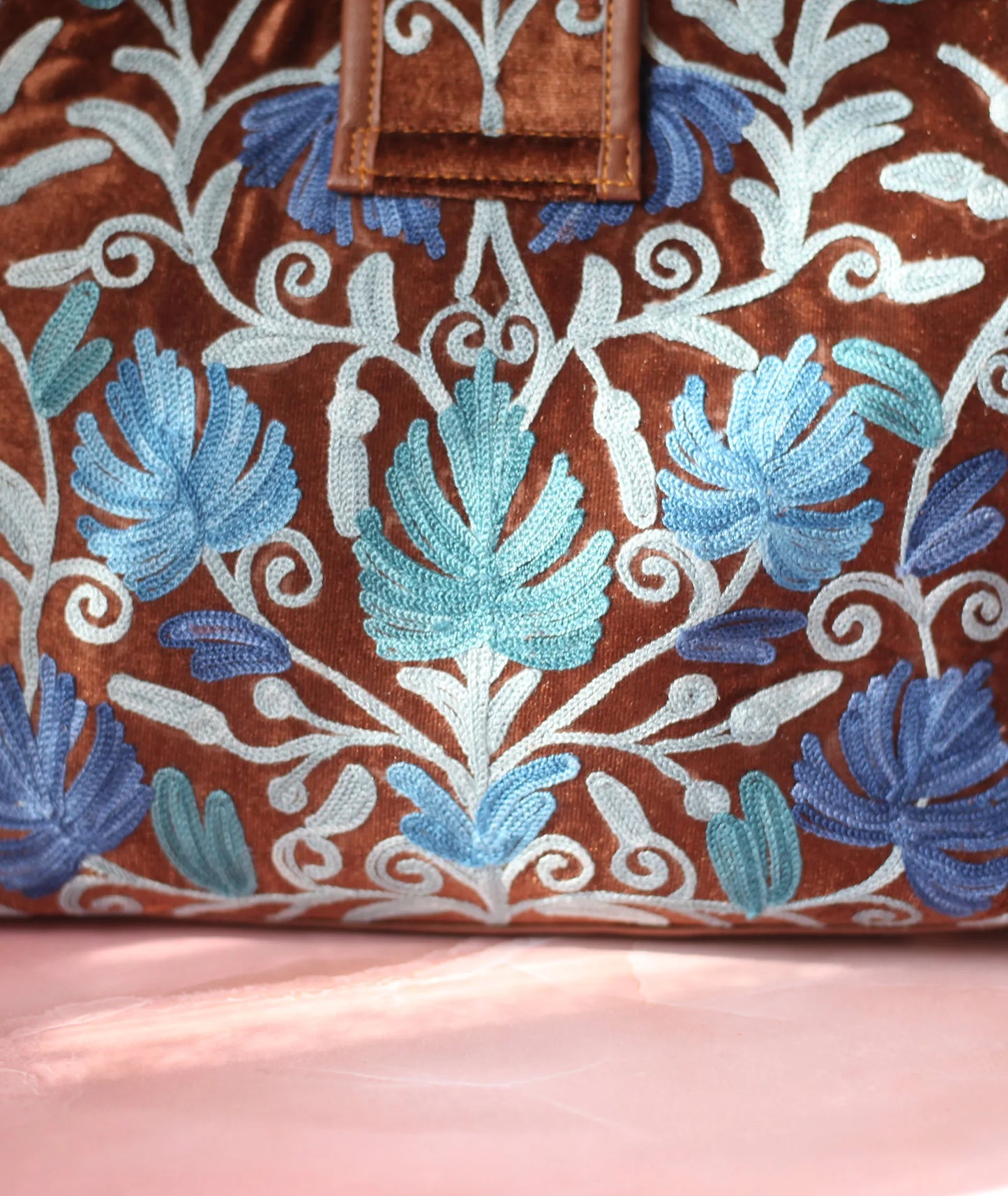 Brown Velvet Embroidered Hand Bag | Double Zip | With Free Pouch