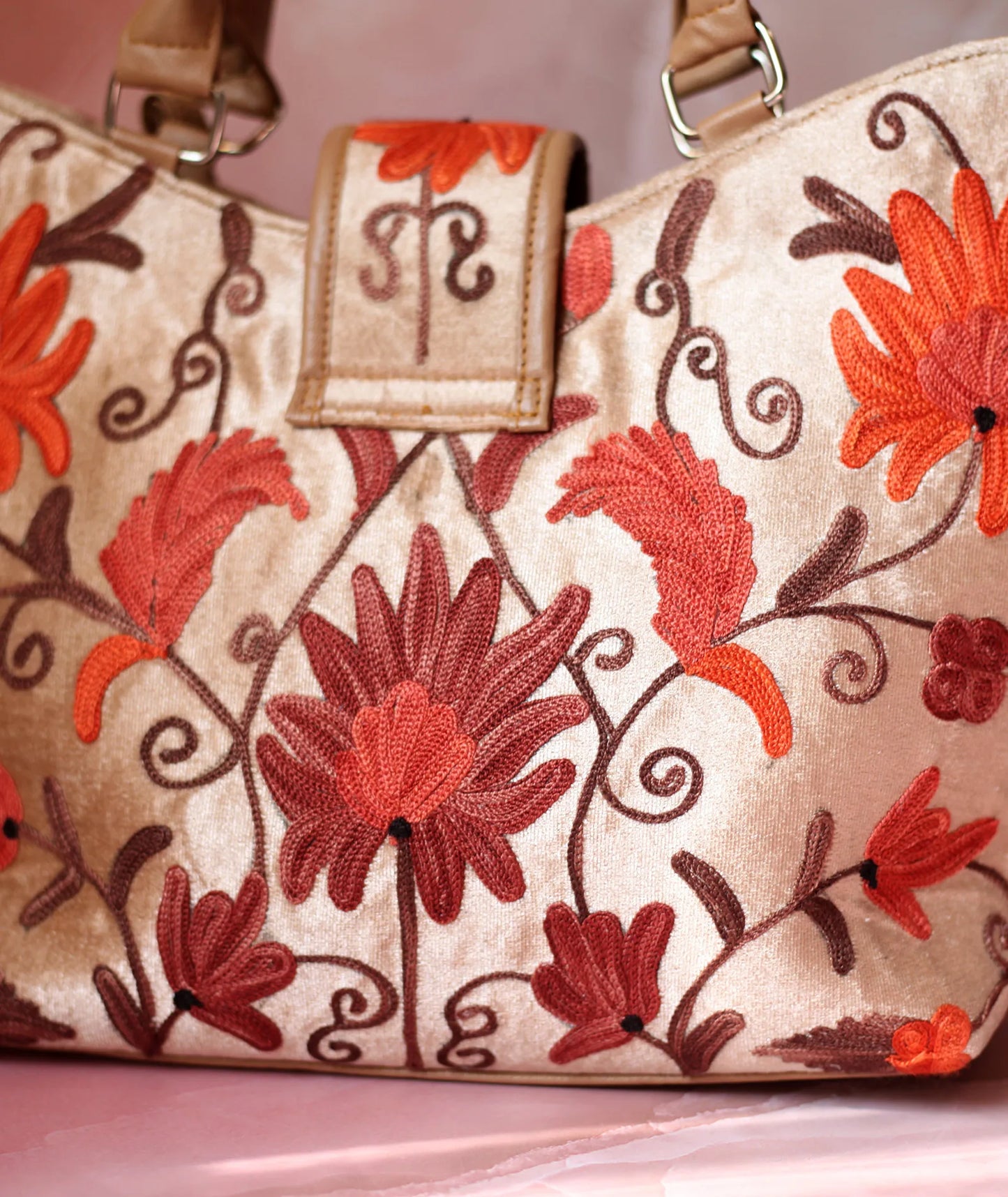 Beige Velvet Embroidered Hand Bag | Double Zip | With Free Pouch