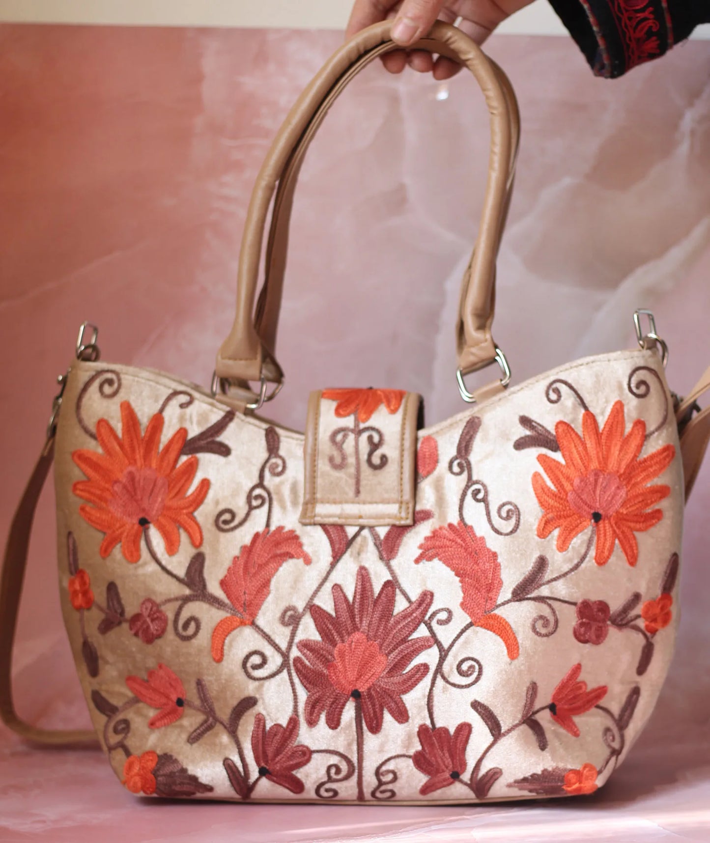 Beige Velvet Embroidered Hand Bag | Double Zip | With Free Pouch