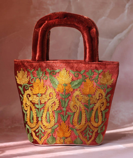 Rust Velvet Paisley Design Aari Enbroidered Small Hand Bag