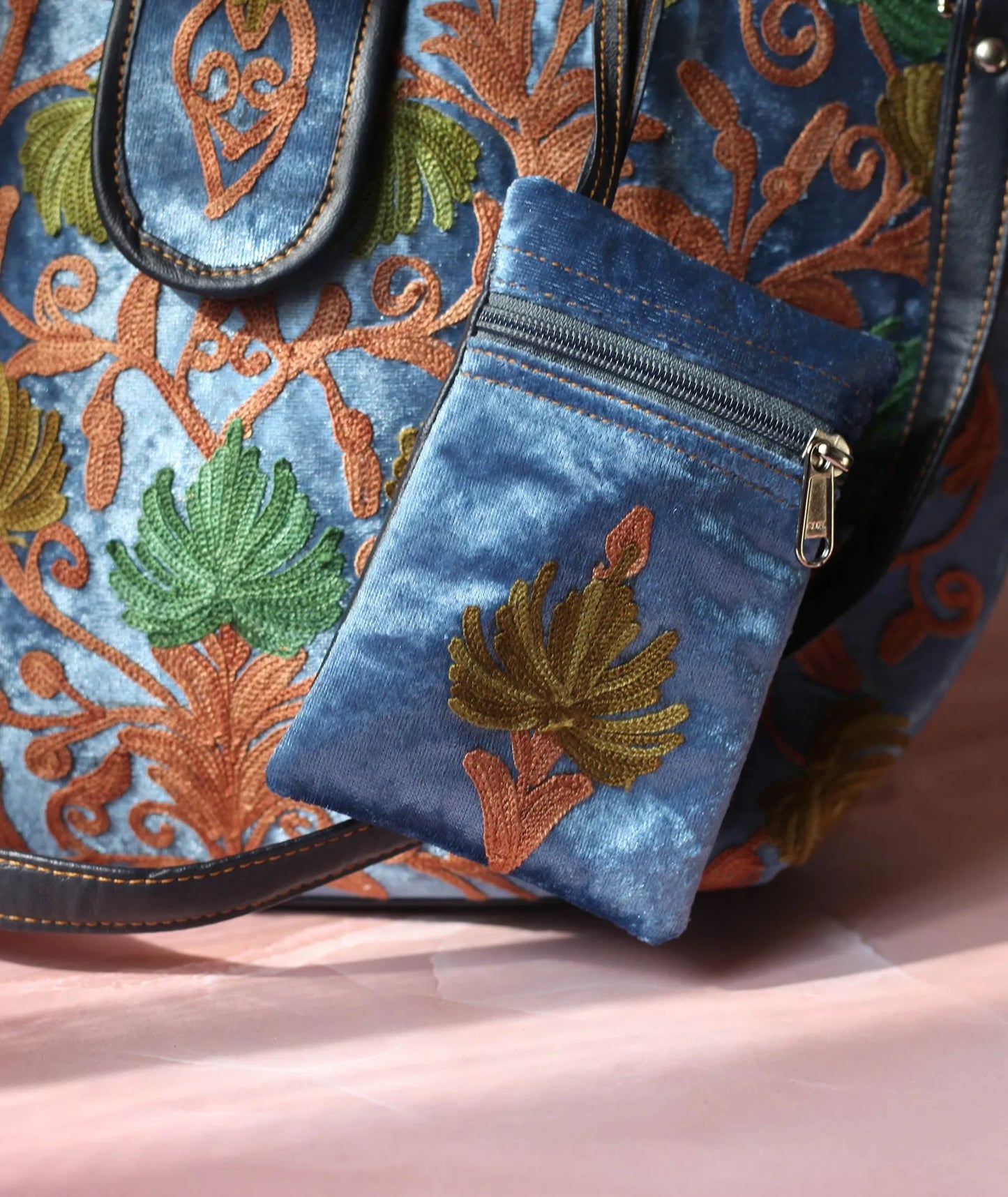 Velvet Navy Blue Embroidered Hand Bag | Double Zip | With Free Pouch