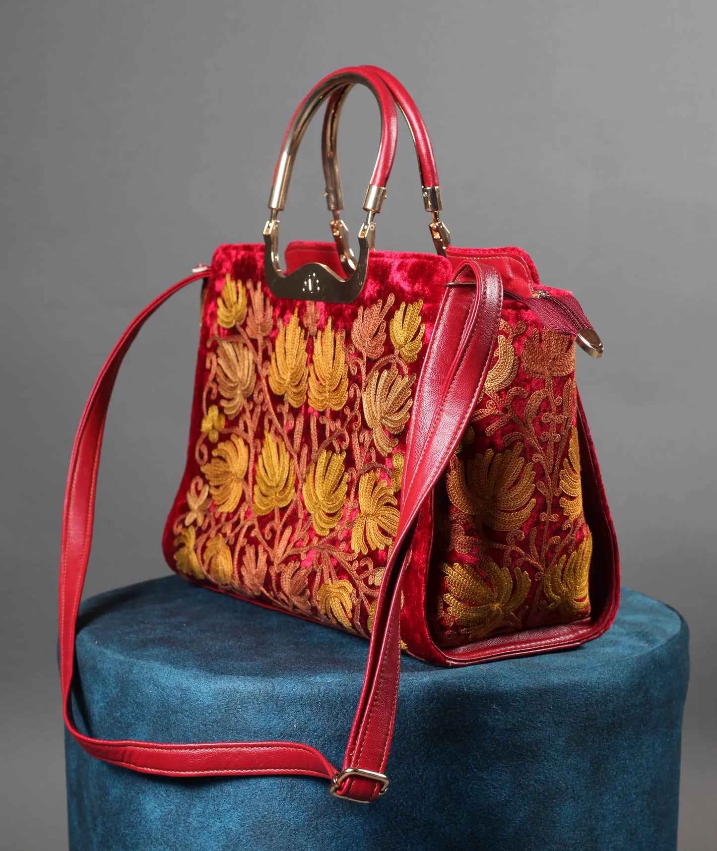 Chinar Design Aari Embroidered Red Hand Bag