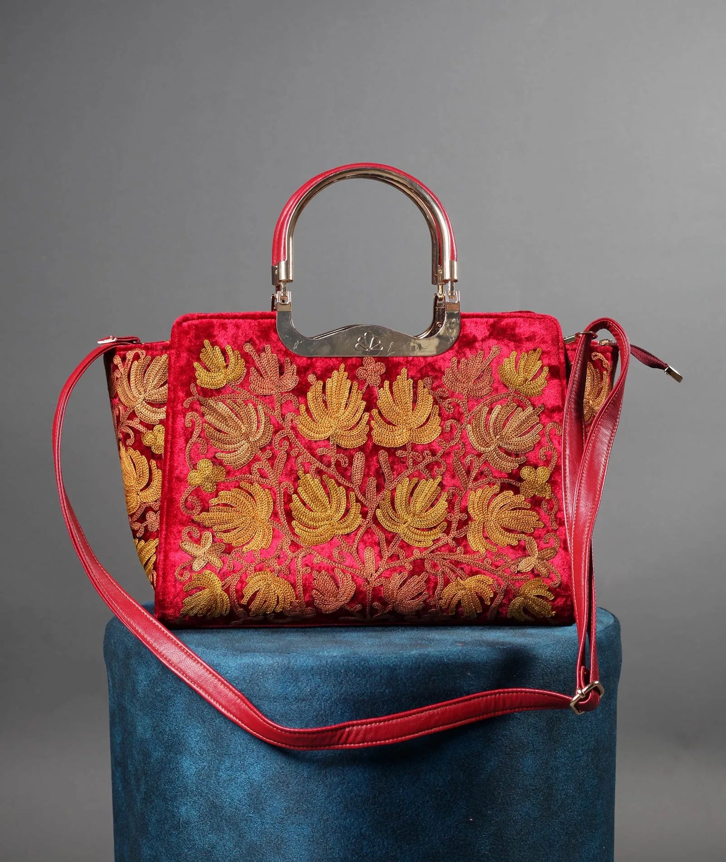 Chinar Design Aari Embroidered Red Hand Bag