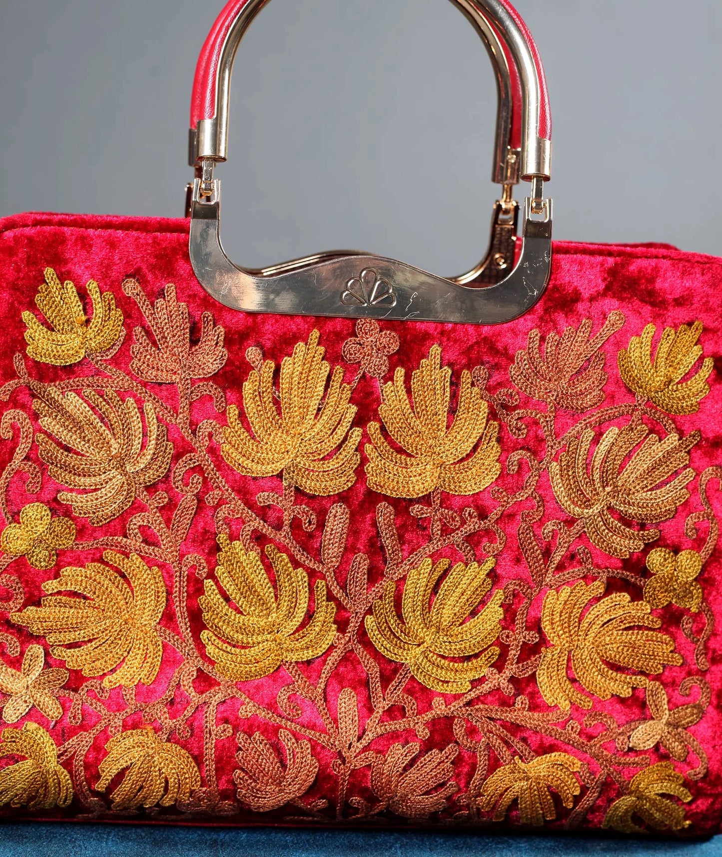 Chinar Design Aari Embroidered Red Hand Bag