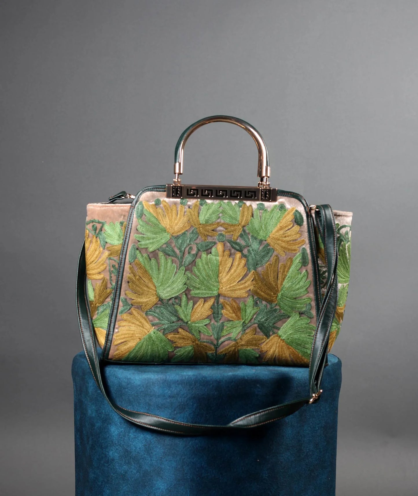 Olive Green Chinar Design Aari Embroidered Hand Bag