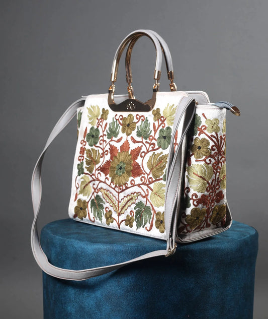 Floral Design Aari Embroidered White Hand Bag