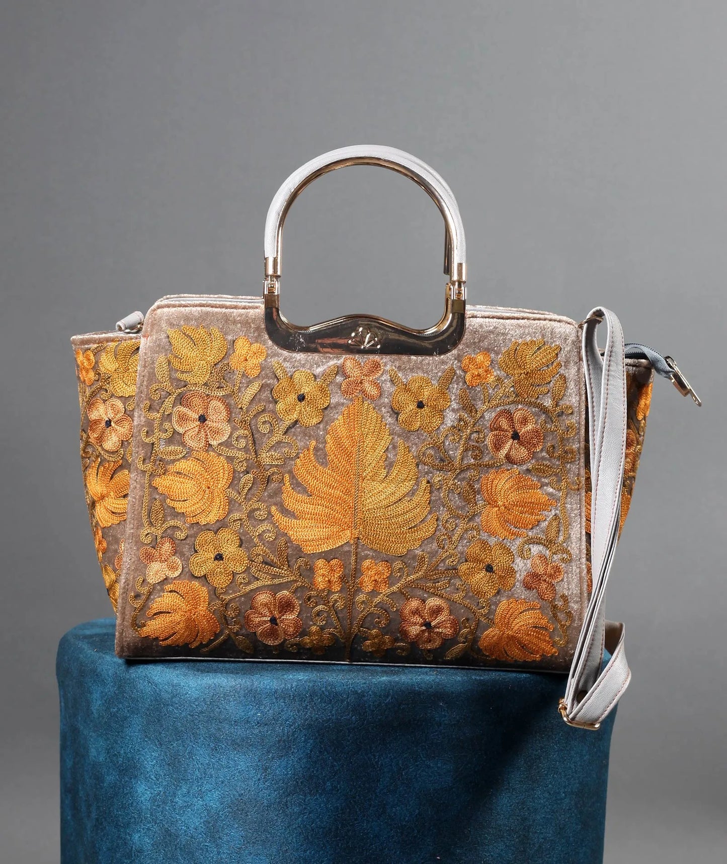 Golden Chinar Aari Embroidered Grey Hand Bag