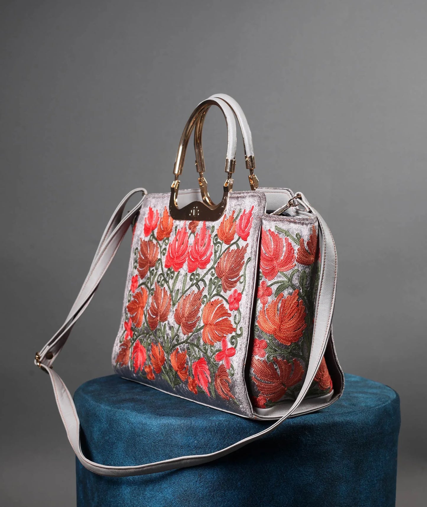 Silver base Chinar Aari Embroidered Hand Bag