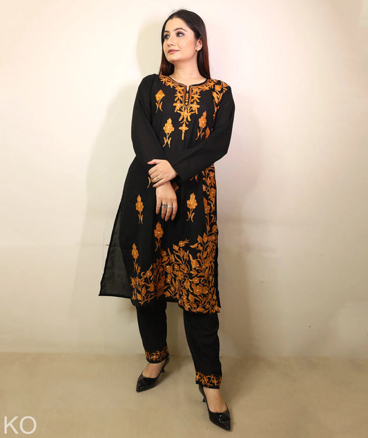 Black Base Brown Aari Embroidered Cord Set | Full Suit