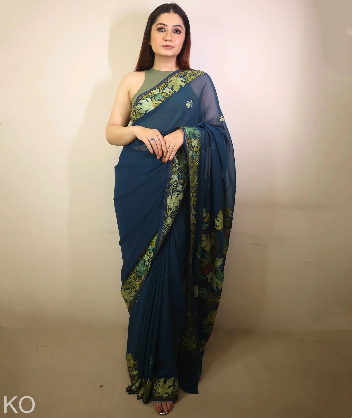 Black Forest Green Chinar Aari Embroidered  Georgette Saree