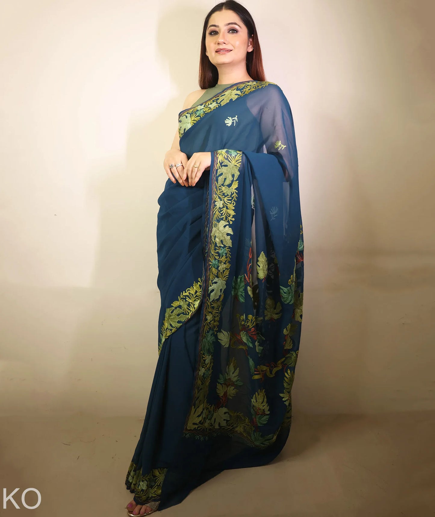 Black Forest Green Chinar Aari Embroidered  Georgette Saree