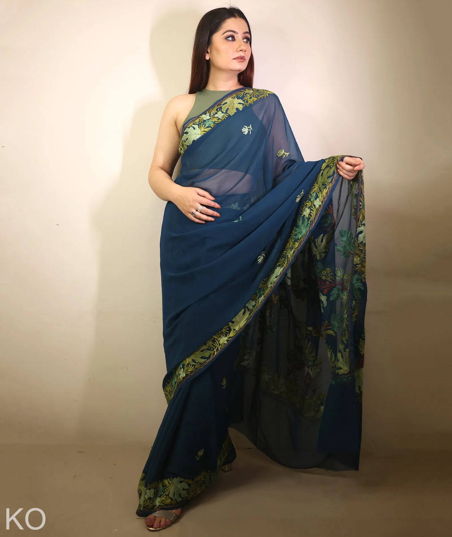 Black Forest Green Chinar Aari Embroidered  Georgette Saree