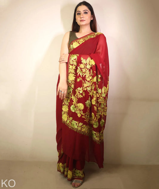 Soft Green Embroidered Maroon Georgette Saree