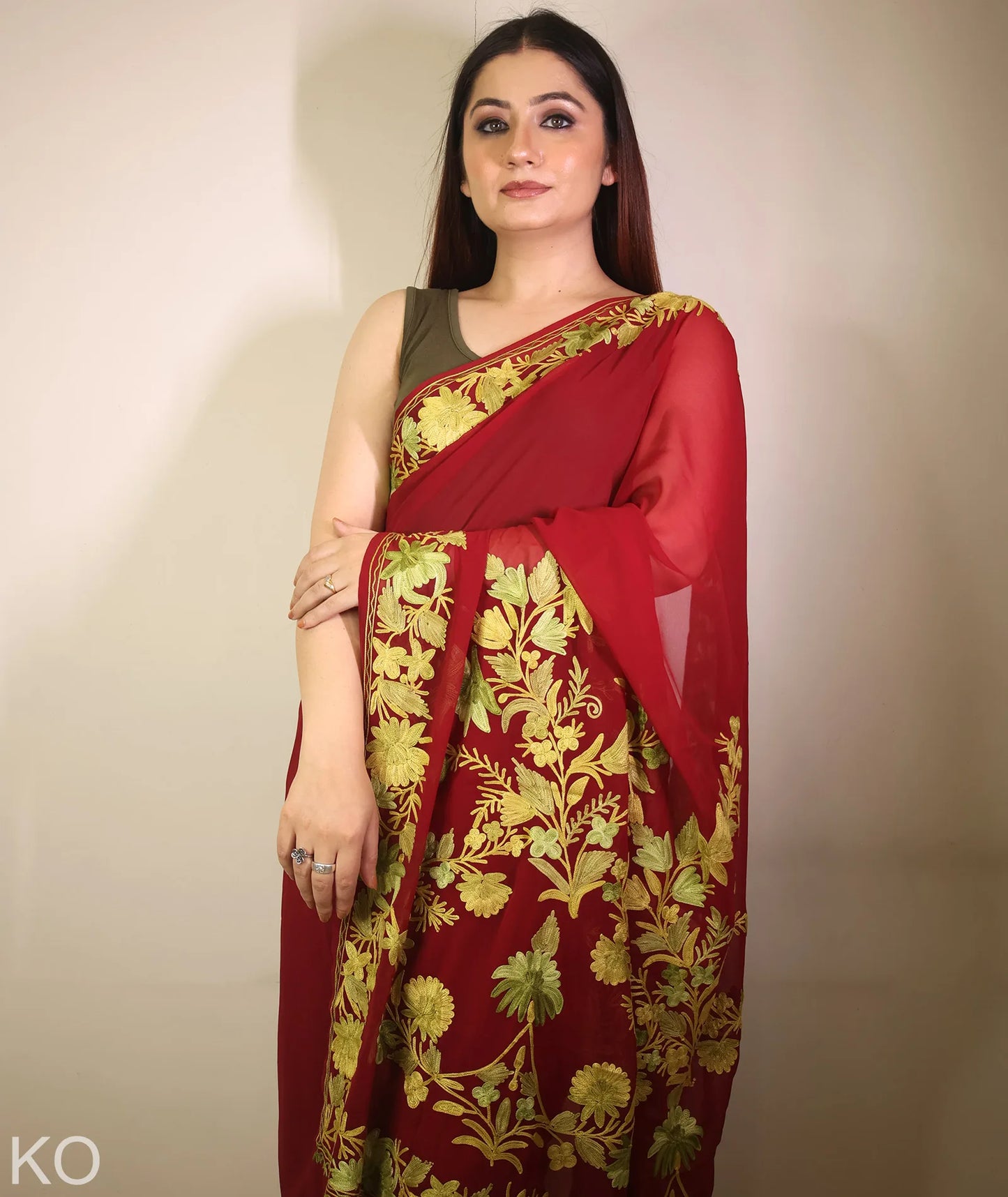 Soft Green Embroidered Maroon Georgette Saree